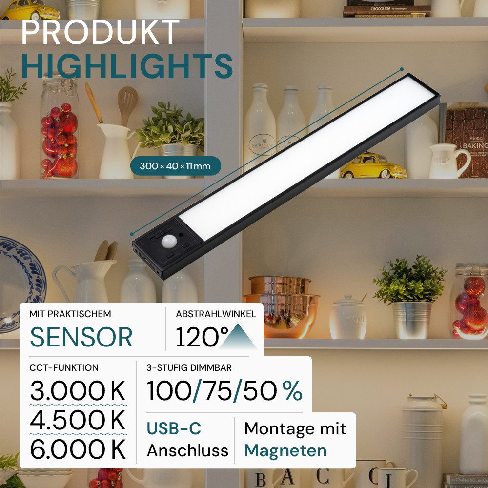 LUXULA LED Unterbauleuchte LUXULA LED Unterbauleuchte 30 cm 3 W CCT einstellbar Schwarz, LED fest integriert, Farbwechsler