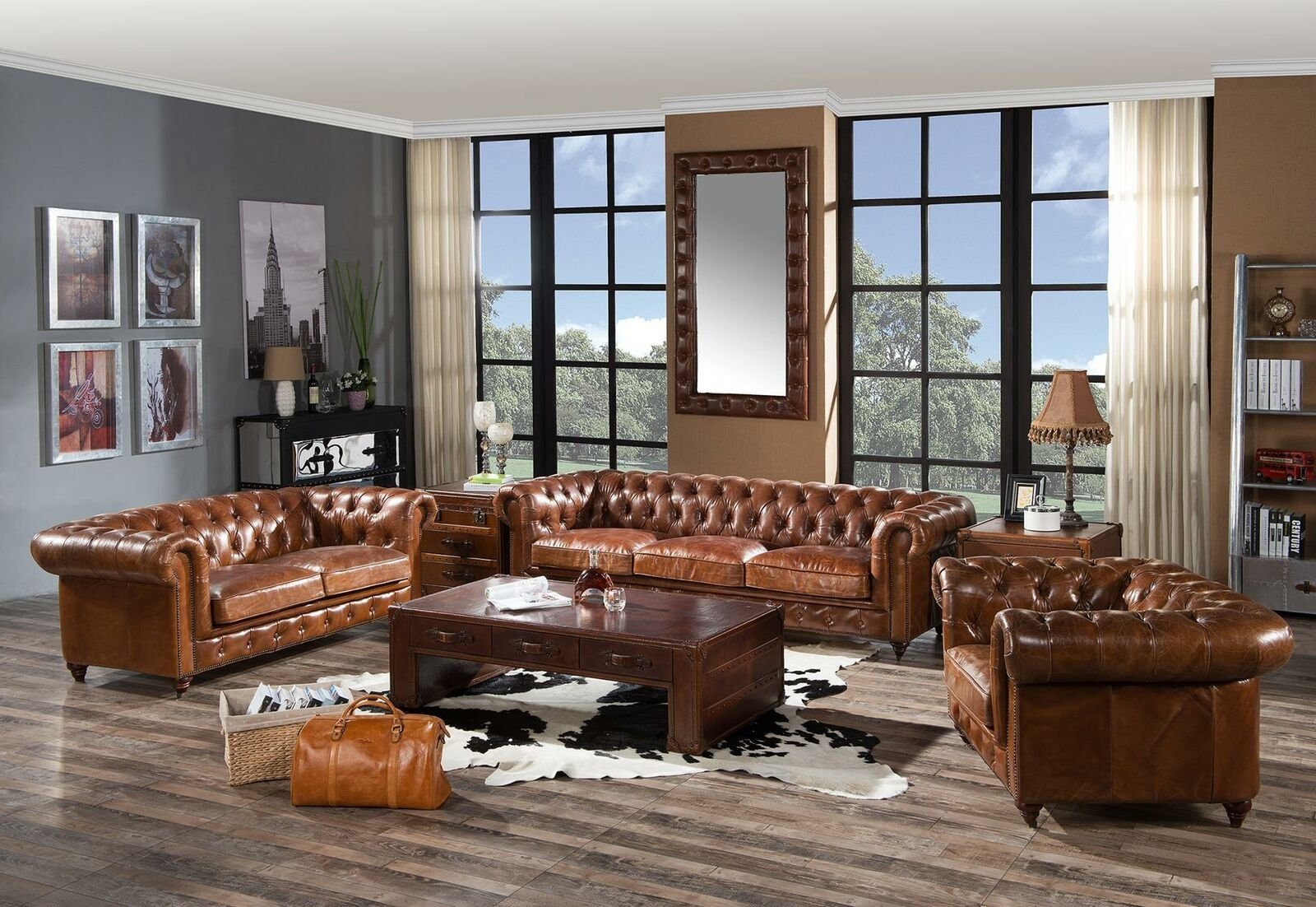 Neuer Made JVmoebel in Sofa Sofagarnitur Set, 3+2+1 Braune Sitzer luxus Europe Chesterfield