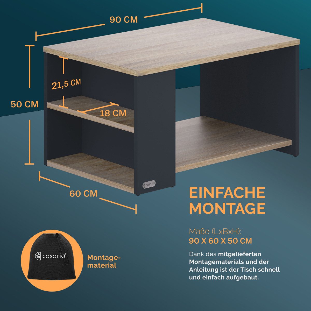 Casaria Couchtisch Santa Cruz, Holz Grau Wohnzimmertisch mit Stauraum 90x60x50cm 2 Ablagen Modern – Bild 4 von 5