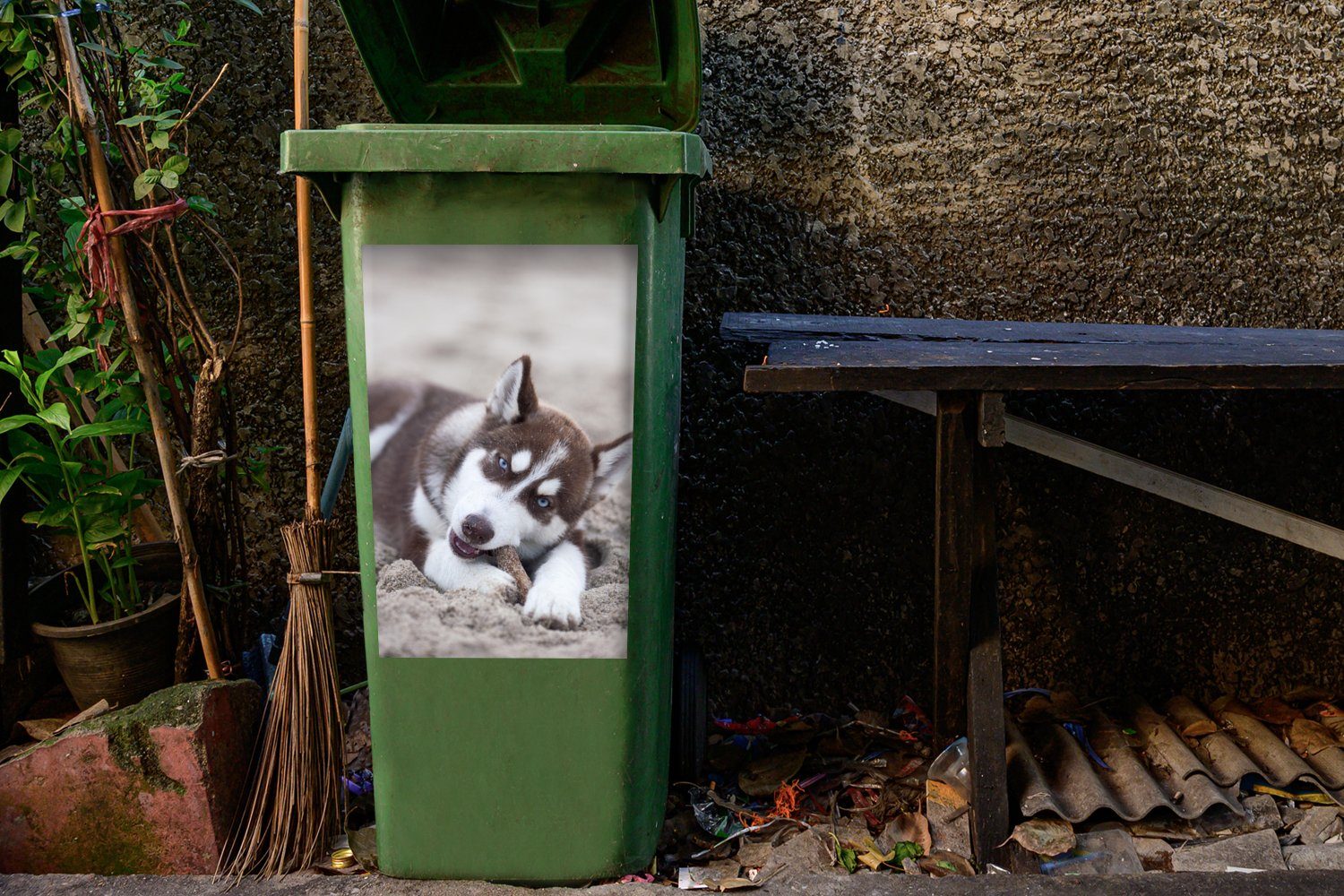 (1 Mülltonne, Husky-Welpe Wandsticker Abfalbehälter am Strand St), Mülleimer-aufkleber, MuchoWow Sticker, Container,