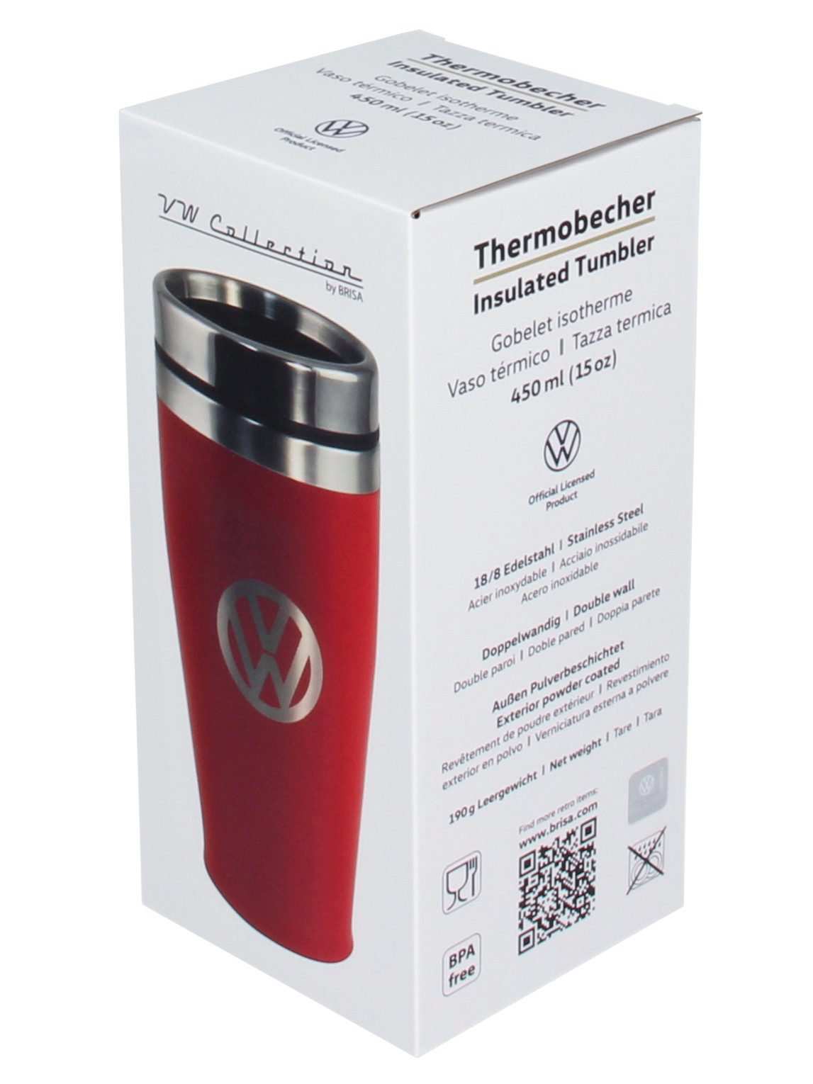 VW Collection by BRISA Coffee-to-go-Becher Volkswagen Isolierter-Edelstahl Thermobecher, Edelstahl, Stilvoller roter Travel Mug mit VW Logo, 450ml – Bild 4 von 5