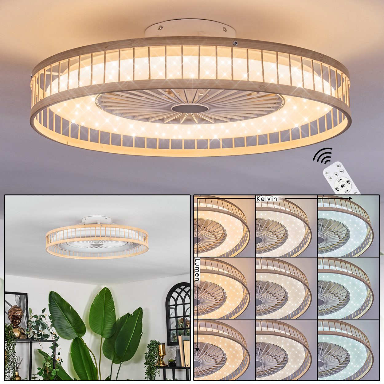 hofstein Deckenventilator Ventilator aus Kunststoff/Holz in Weiß/Natur/Glitzereffekt, Ø 55cm, Boho Leuchte, Fernbedienung, 40W, 1700 Lumen, 3000-6500 Kelvin, CCT