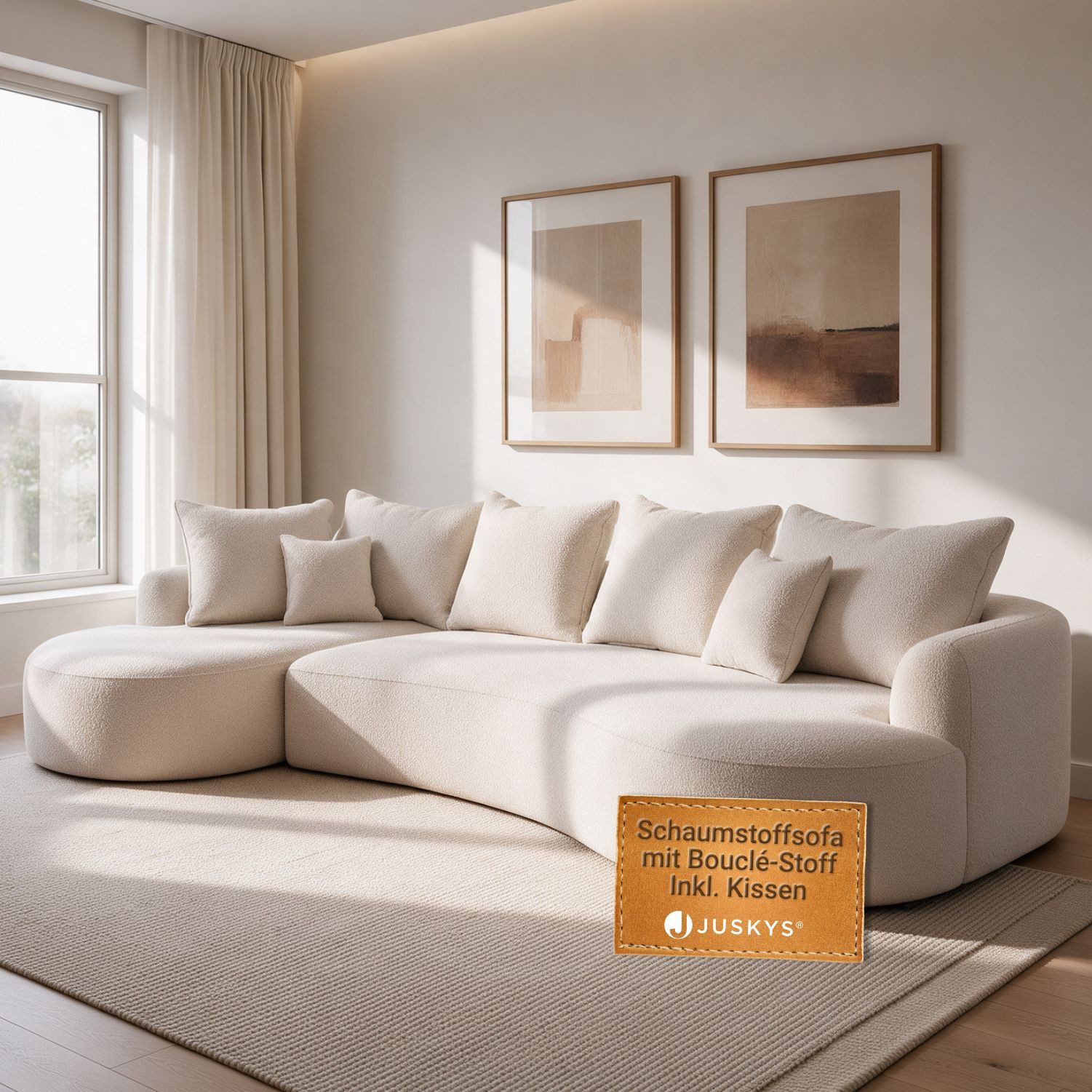Juskys Ecksofa Tirano in Creme aus Bouclé mit Ottomane links & 7 Kissen, 300 x 155 cm, 2 Teile, Eckcouch mit abgerundeter Form, …