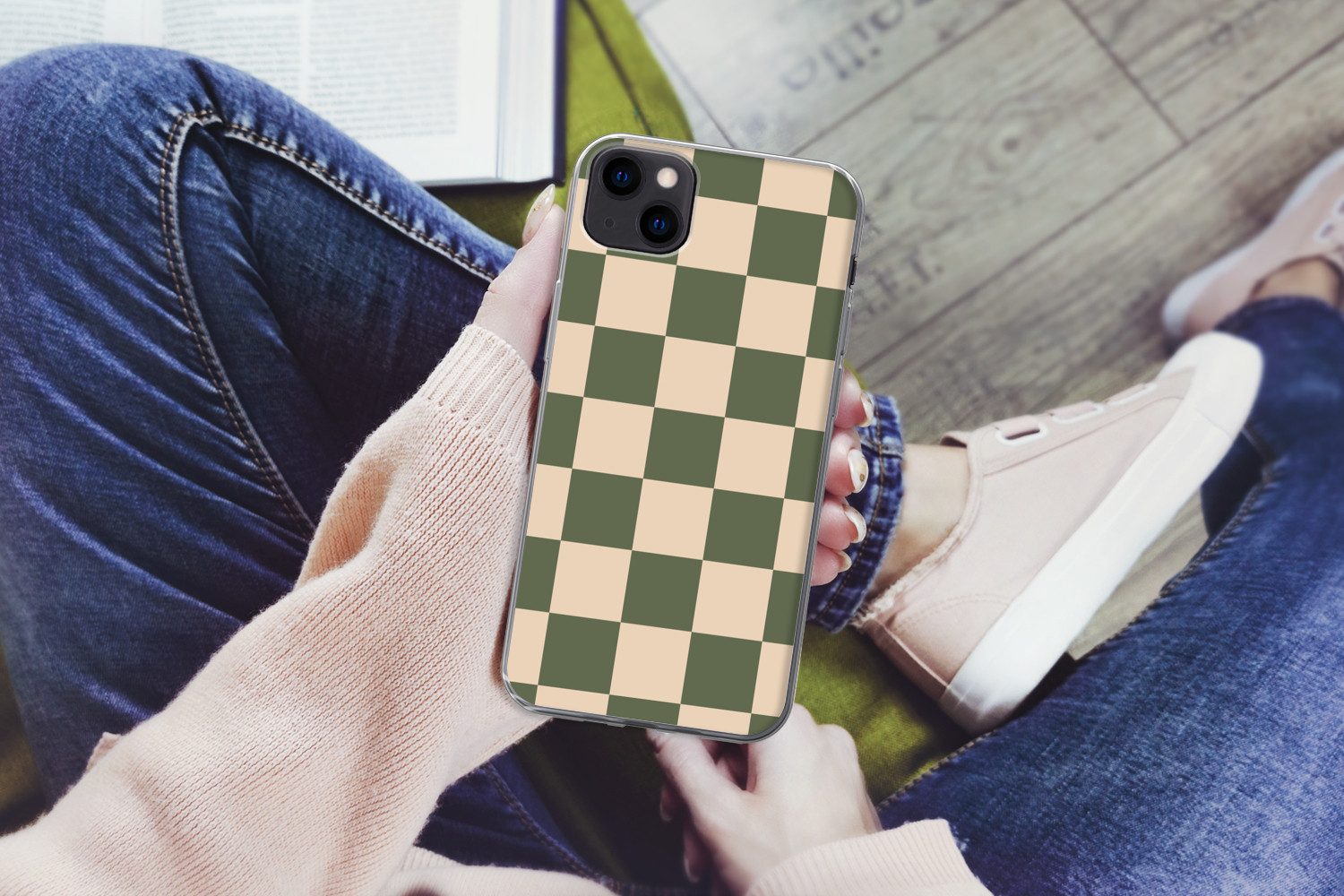 MuchoWow Handyhülle für Apple iPhone 13 mini Schachbrettmuster - Grün - Beige - Blöcke, Smartphone-Bumper, Print, Handy Schutzhülle Dünn