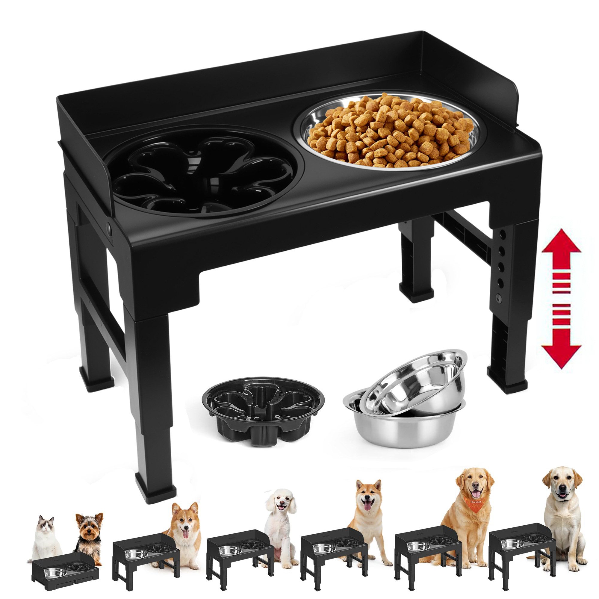 BlingBin Futternapf Futterstation Hundenapf, 5 fach Höhenverstellbar Futternapf (8–30 cm), Edelstahl, mit Edelstahlnäpfen,Langsam Fütterer Hundenäpfe,für Große kleine Hunde