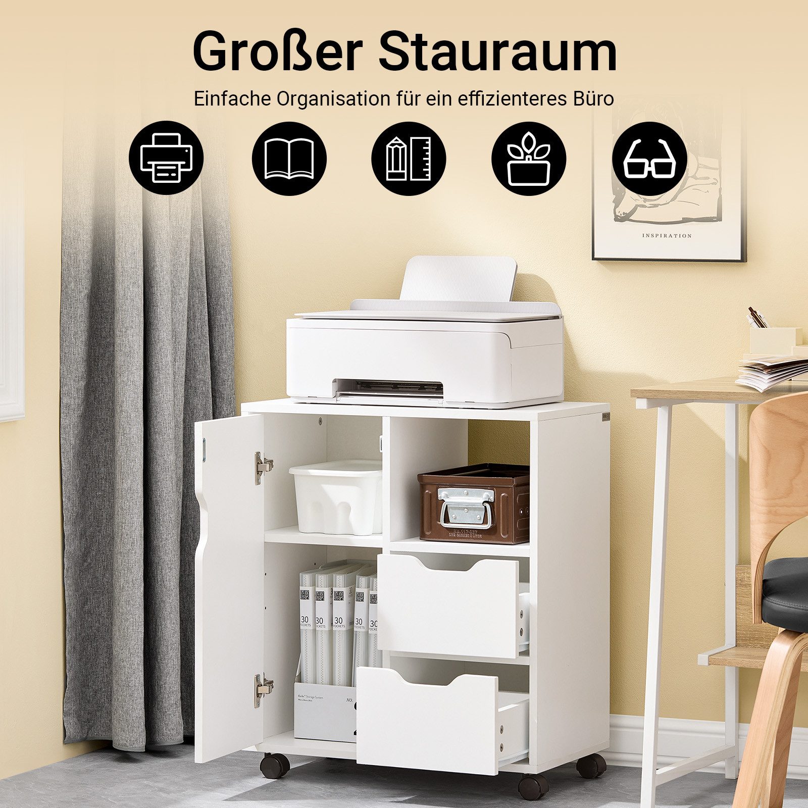 SoBuy Rollcontainer FBT105, Druckertisch Unterschrank Aktenschrank Bürocontainer Büromöbel, Rollcontainer auf Rollen, Beistellwagen, mit 2 Schubladen und 1 Tür