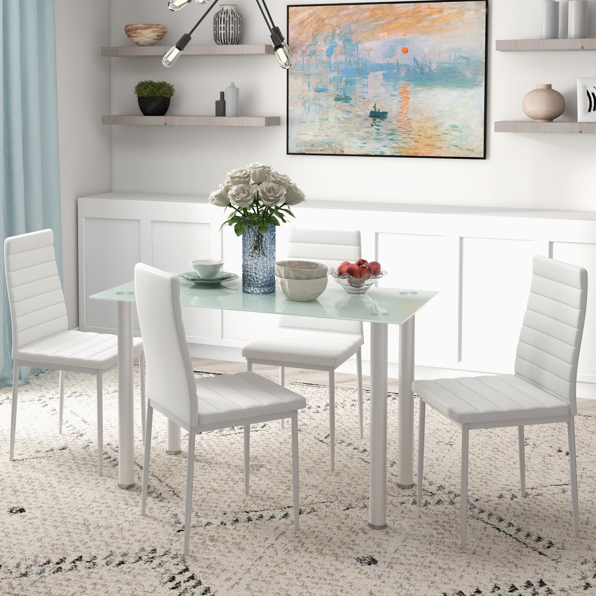 HOMCOM Essgruppe Esstisch mit 4 Stühlen, Küchentisch mit Hartglasplatte, (E günstig online kaufen