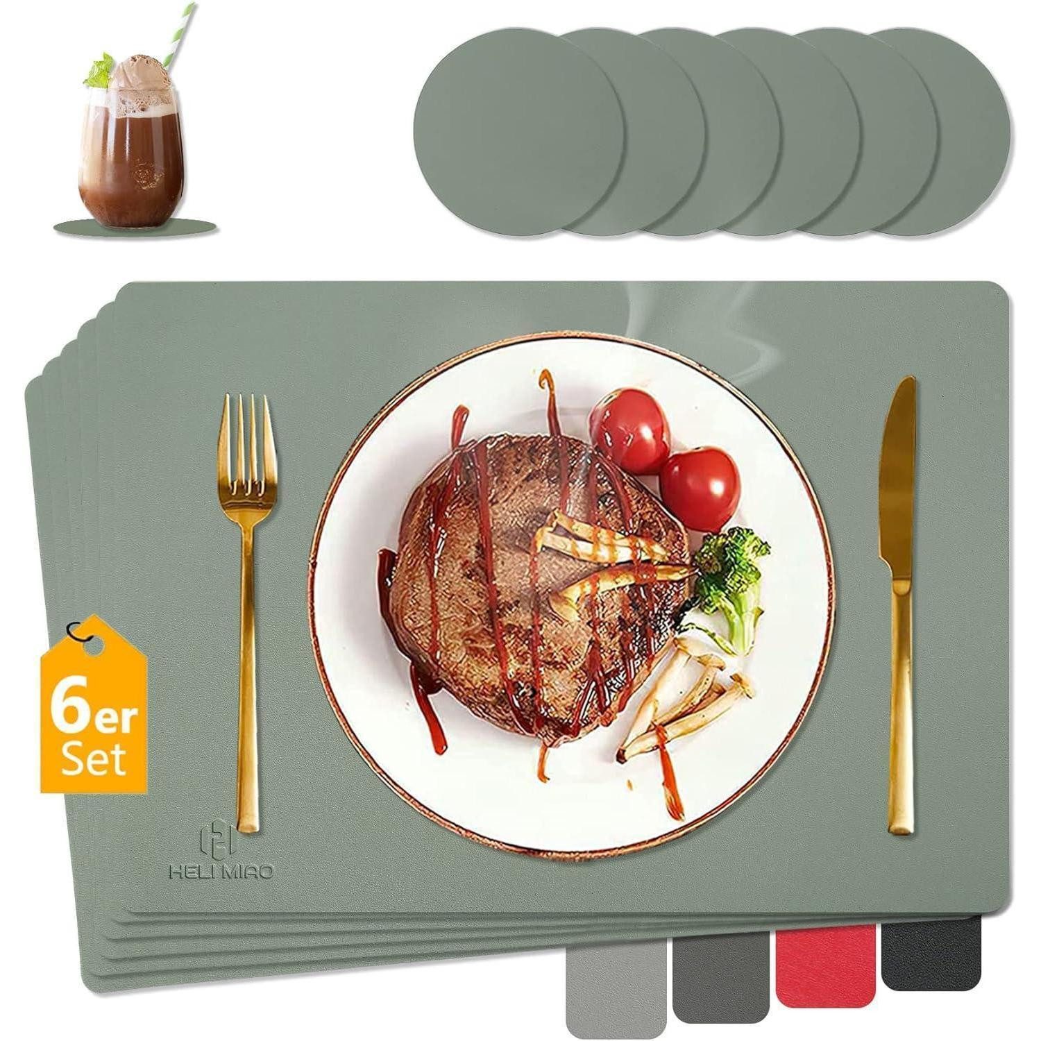 LuxusKollektion Platzset Tischsets & Untersetzer Lederoptik Abwaschbar Set 6er Salbeigrün