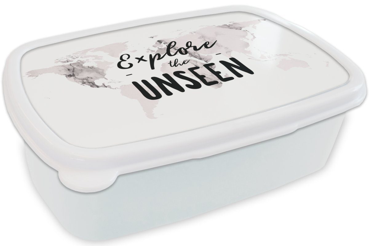 weiß und Brotbox Lunchbox - Erwachsene, Kinder Mädchen - (2-tlg), Zitat Weltkarte für und Kunststoff, Jungs MuchoWow Brotdose, für Marmor,