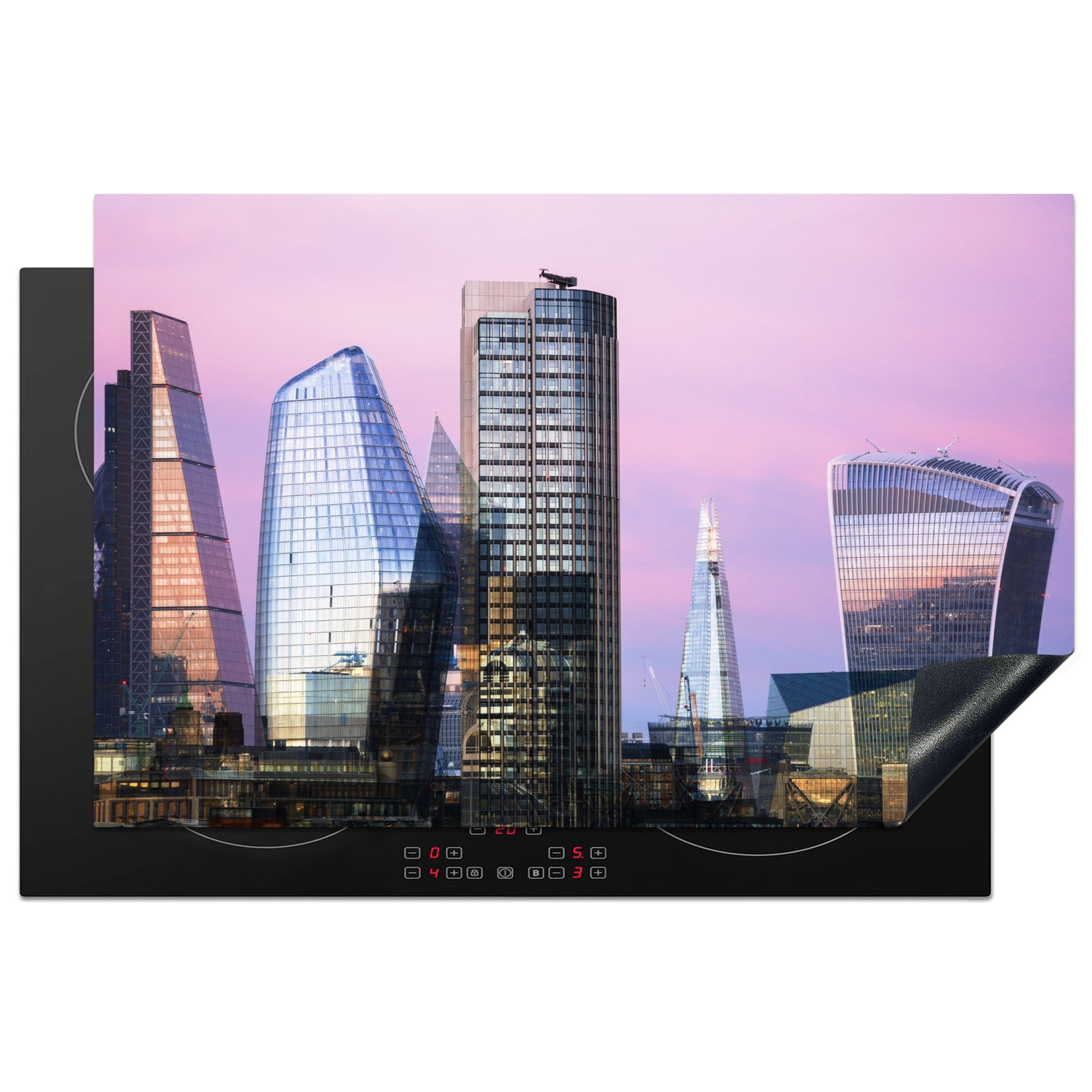 MuchoWow Herdblende-/Abdeckplatte Skyline von London, Vereinigtes Königreich mit lila Himmel, Vinyl, (1 tlg), 81x52 cm, Induktionskochfeld Schutz für die küche, Ceranfeldabdeckung