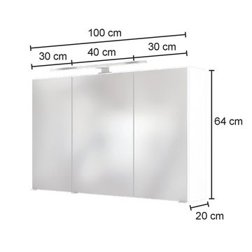 Lomadox Spiegelschrank ARLON-03 Badschrank Spiegel Badmöbel LED 100 cm weiß, B/H/T: 100/64/20 cm