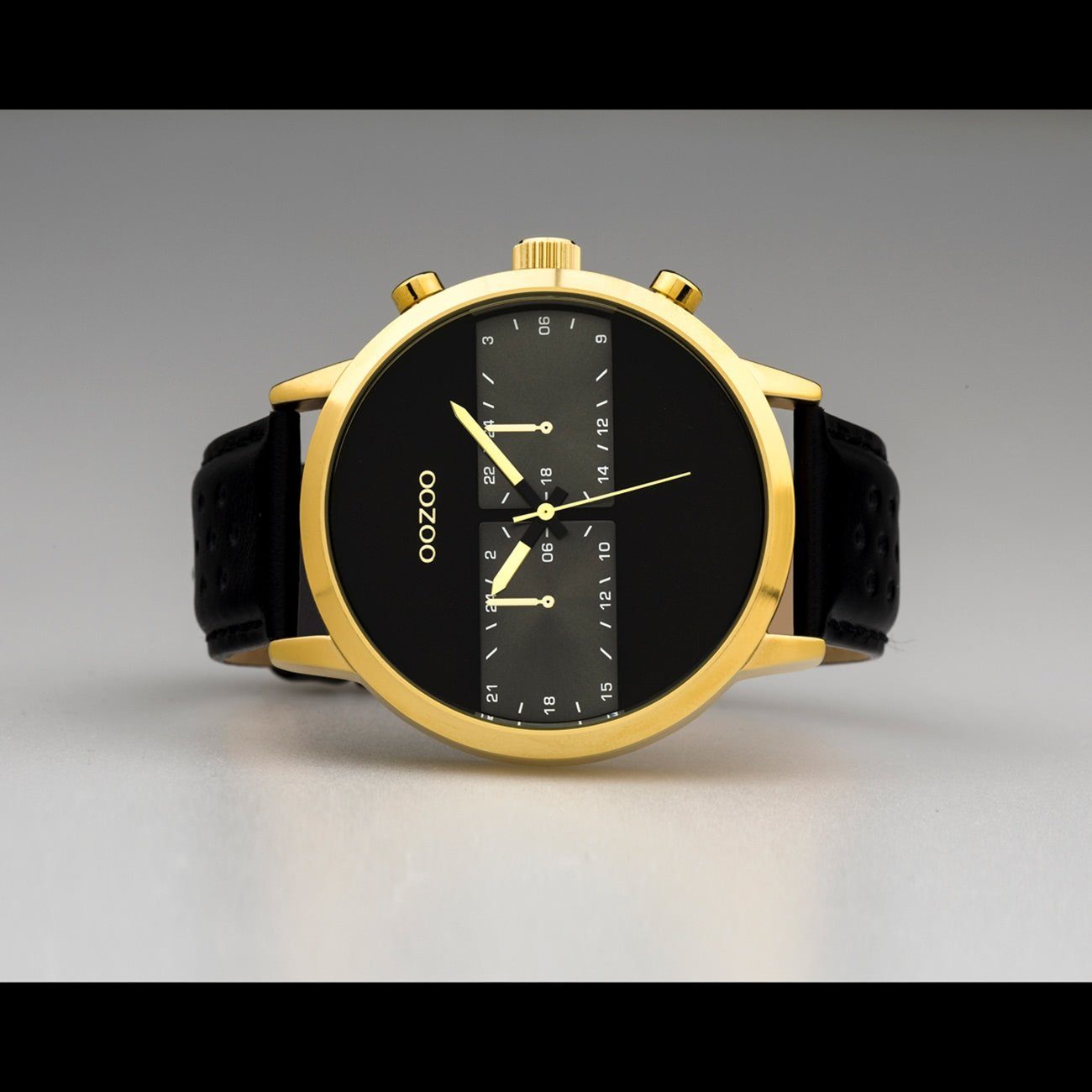 OOZOO Quarzuhr Oozoo Herren Armbanduhr groß Fashion-Style rund, Lederarmband, extra Herrenuhr schwarz (ca. Analog, 50mm)
