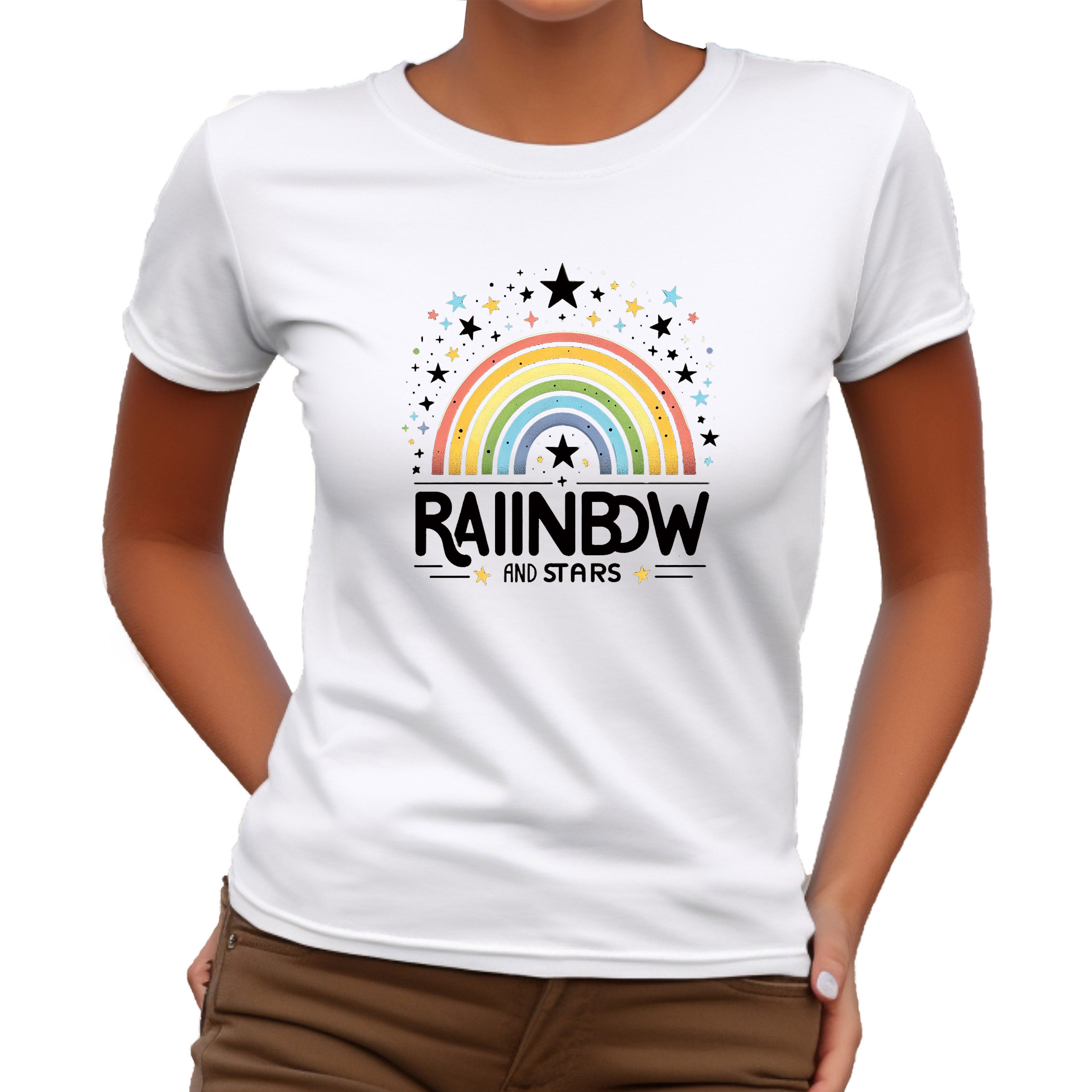 Banco T-Shirt Damen Kurzarm Rainbow Print Unifarben hochwertiger Print