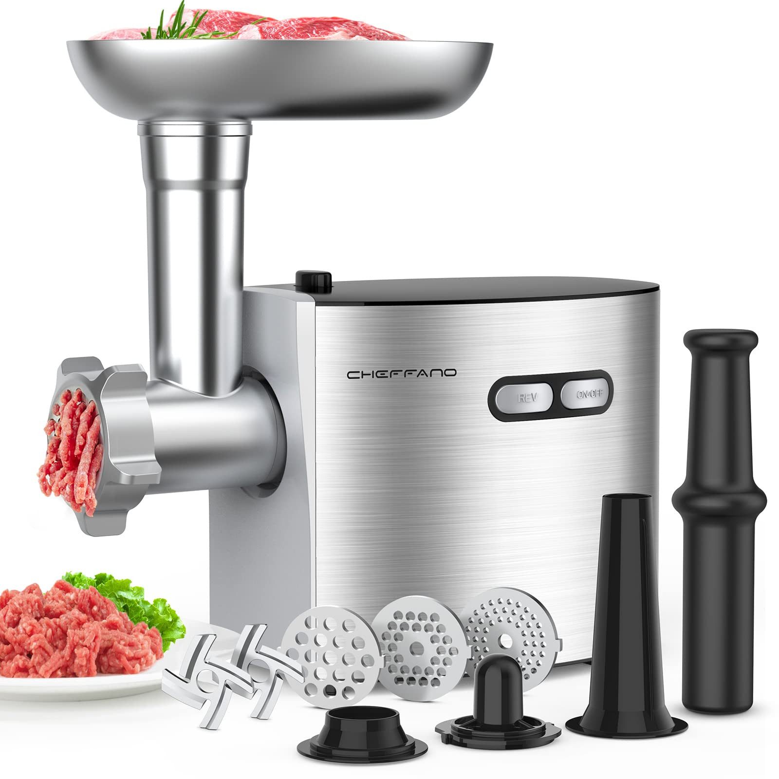 CHEFFANO Fleischwolf mit 2 Klingen, 3 Lochscheiben, Wurstfüllrohr und Kubbe-Aufsatz, 350 W