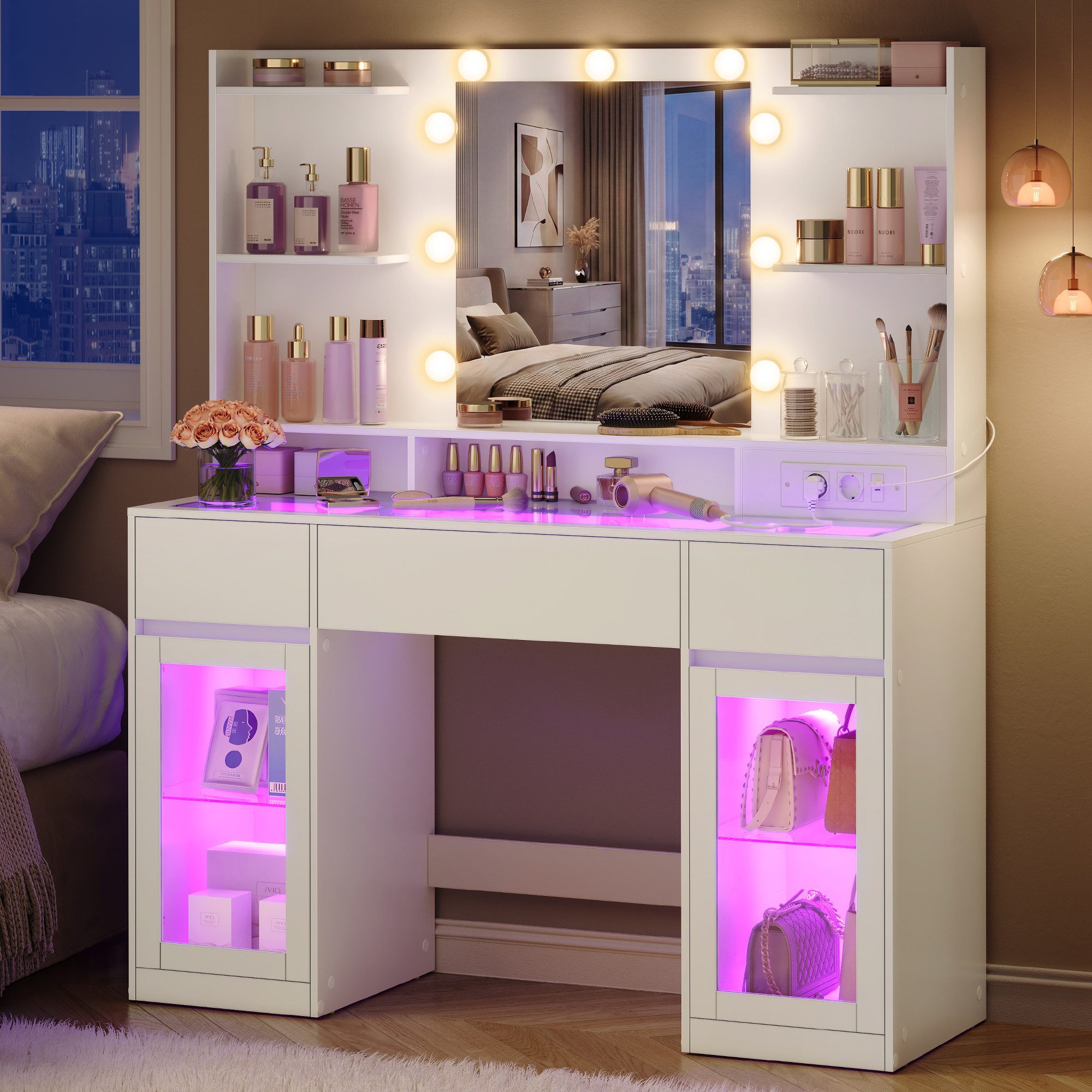 VASAGLE Schminktisch mit Spiegel, RGB-Beleuchtung und Steckdose, 107 x 40 x 144,5 cm (1 Tisch), Holzspanplatte und Glas, mit 2 Schränken, Weiß, für Schlafzimmer
