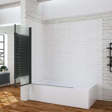 AQUALAVOS Badewannenaufsatz Badewannenfaltwand 120x140 cm 2 Teilig Duschtrennwand für Badewanne, 5 mm Einscheiben-Sicherheitsglas (ESG) mit Nano einfach-Reinigung Beschichtung, schwarz Dekor Barcode, Faltbar und schwenkbar 180°