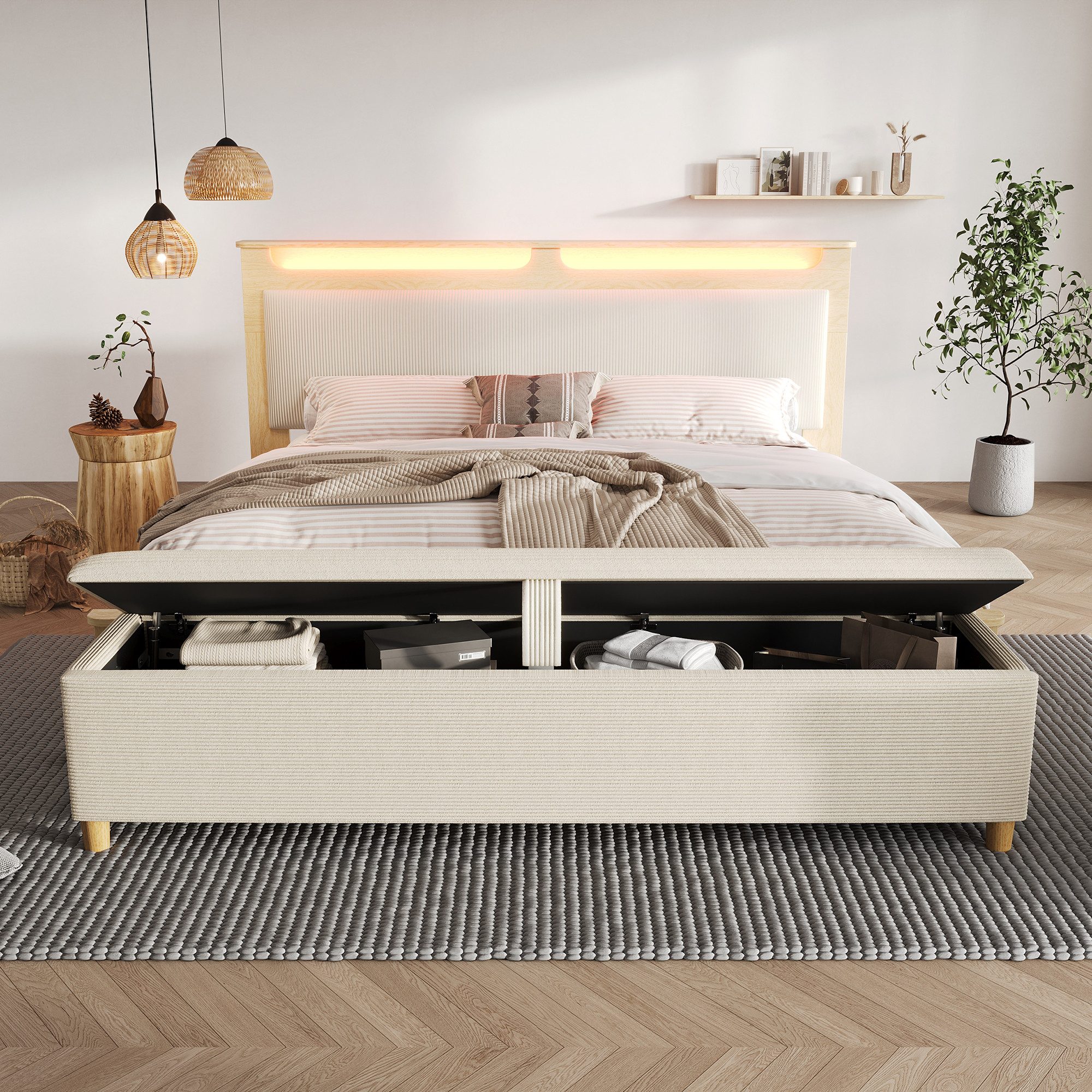 STILVORA Holzbett 180×200 mit Bettbank&Stauraumkopfteil,Holzbett mit LED&Rückenlehne (Doppelbett, Bettrahmen mit Holzlatten, 1-tlg., 180×200cm, ohne Matratze, mit Bettbank), mit LED-Beleuchtung, Cordpolster-Rückenlehne