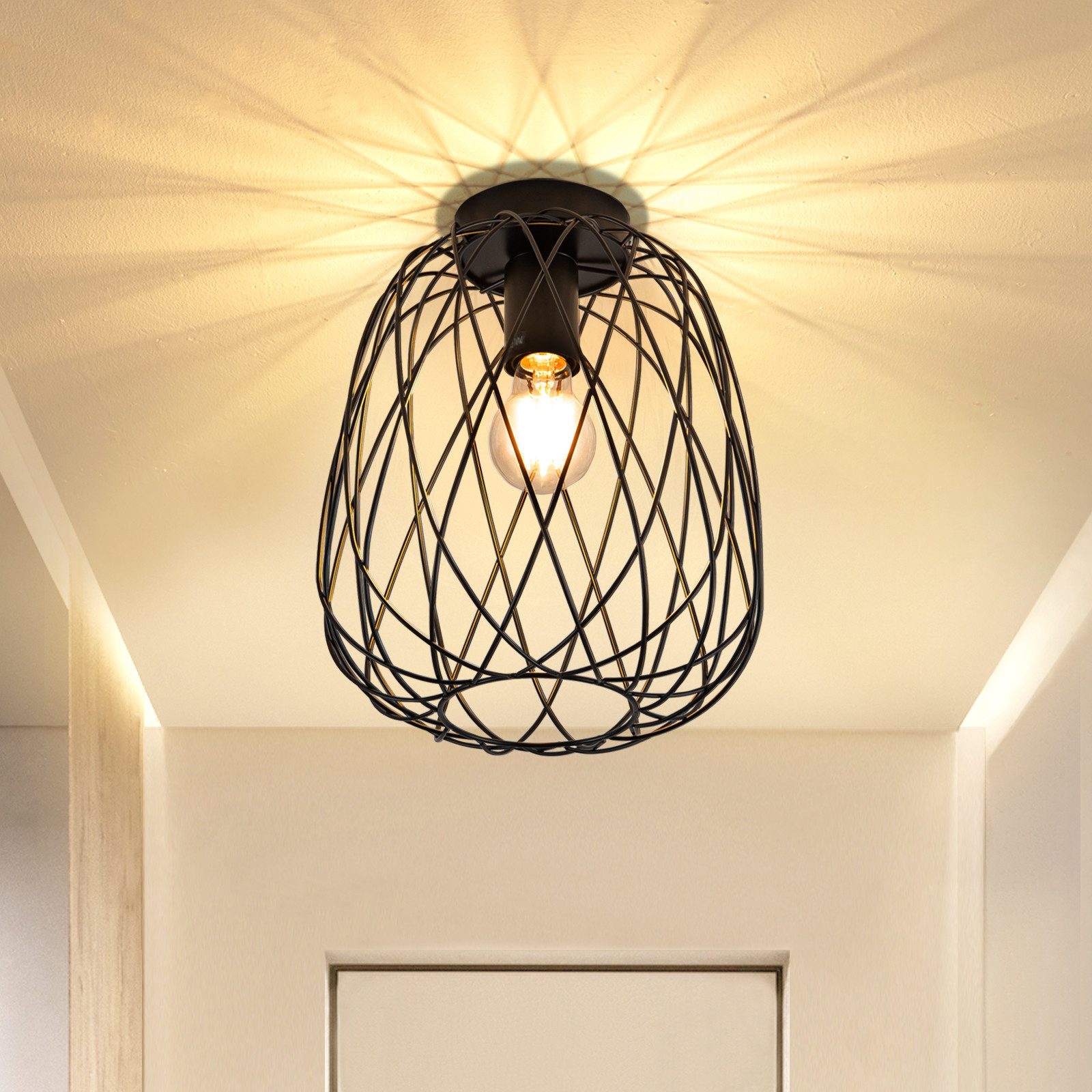ZMH Deckenleuchte Ø 25cm Schwarz Vintage Deckenlampe Kaefig Gitter für Wohnzimmer Flur, ohne Leuchtmittel, 1Flammig E27 Metall Lampenschirm Deckenstrahler Korridor Esszimmer