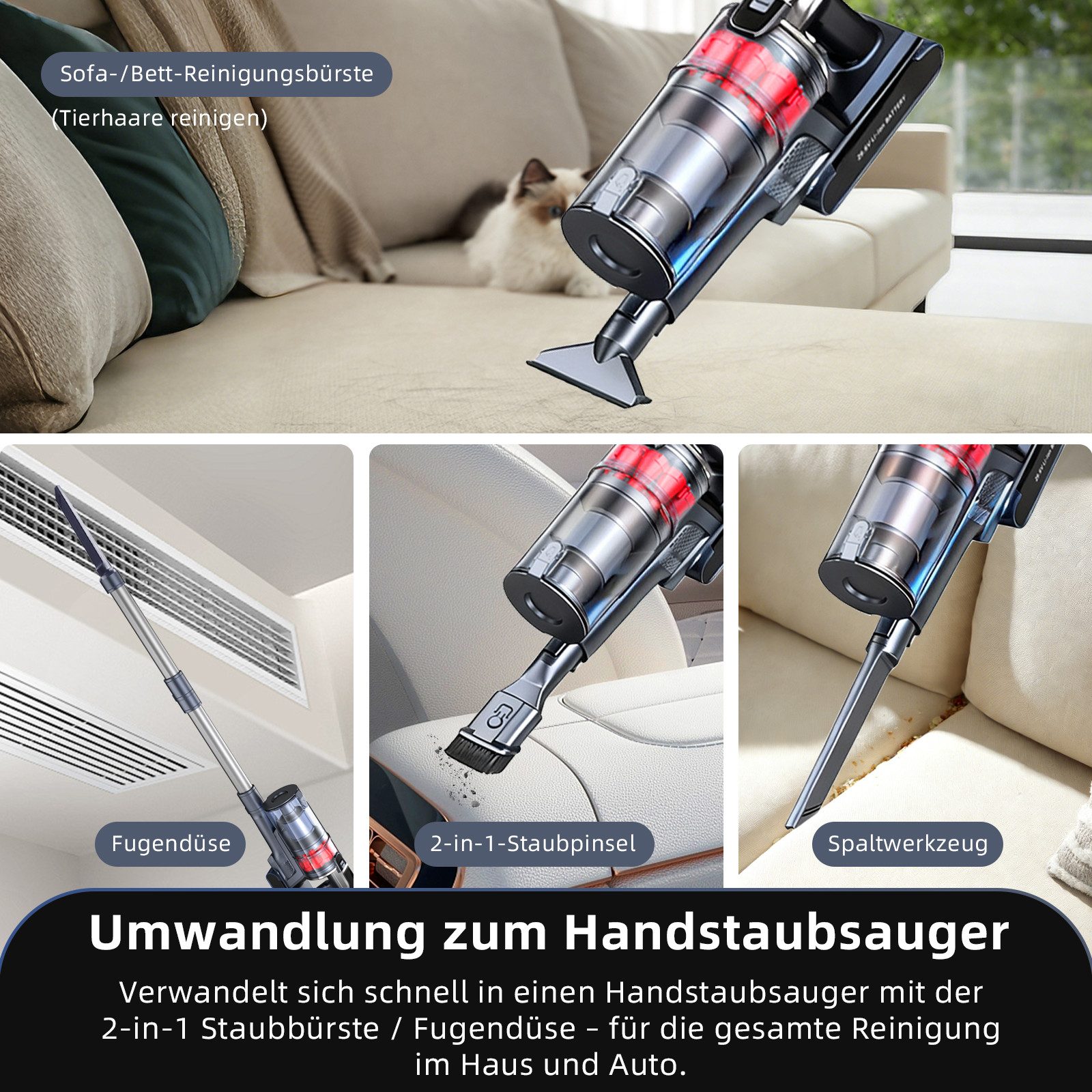 Grenintol Akku-Hand-und Stielstaubsauger 85000Pa Akku Staubsauger,Akku Handstaubsauger,Akkusauger Kabelloser, 500 W, beutellos, AkkuStaubsauger 500W,Handstaubsauger mit 4 Saugstufen,60 Min Laufzeit