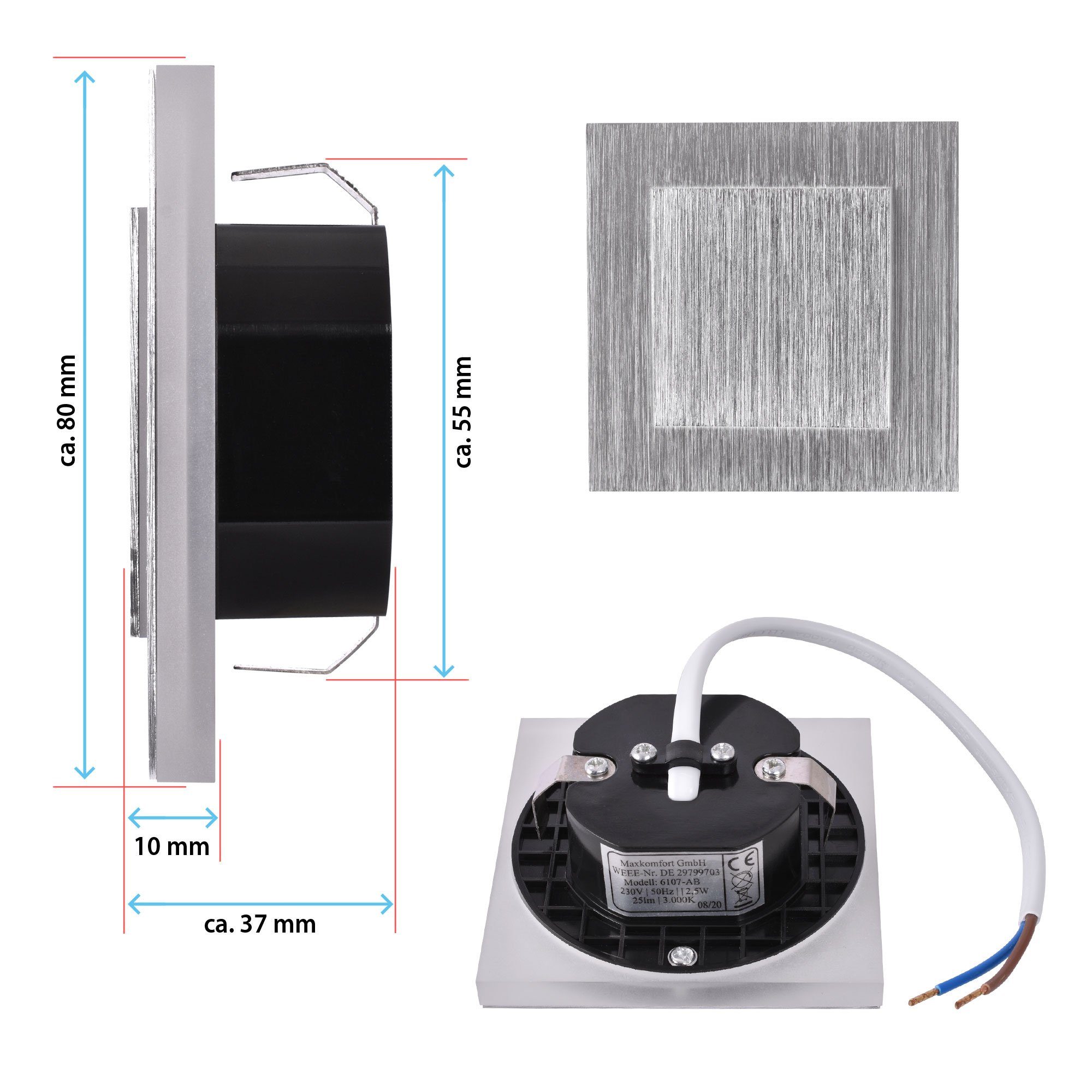 Maxkomfort LED Wandstrahler Stufenlicht, Strahler, Stufenbeleuchtung, Warmweiß, Wandleuchte, 3000K, Einbauspots, 6108, Wandbeleuchtung, Lampe, Wandeinbauleuchte, Treppenbeleuchtung, Stufen Licht fest Nachtlicht, Einbauleuchte, LED, integriert, LED