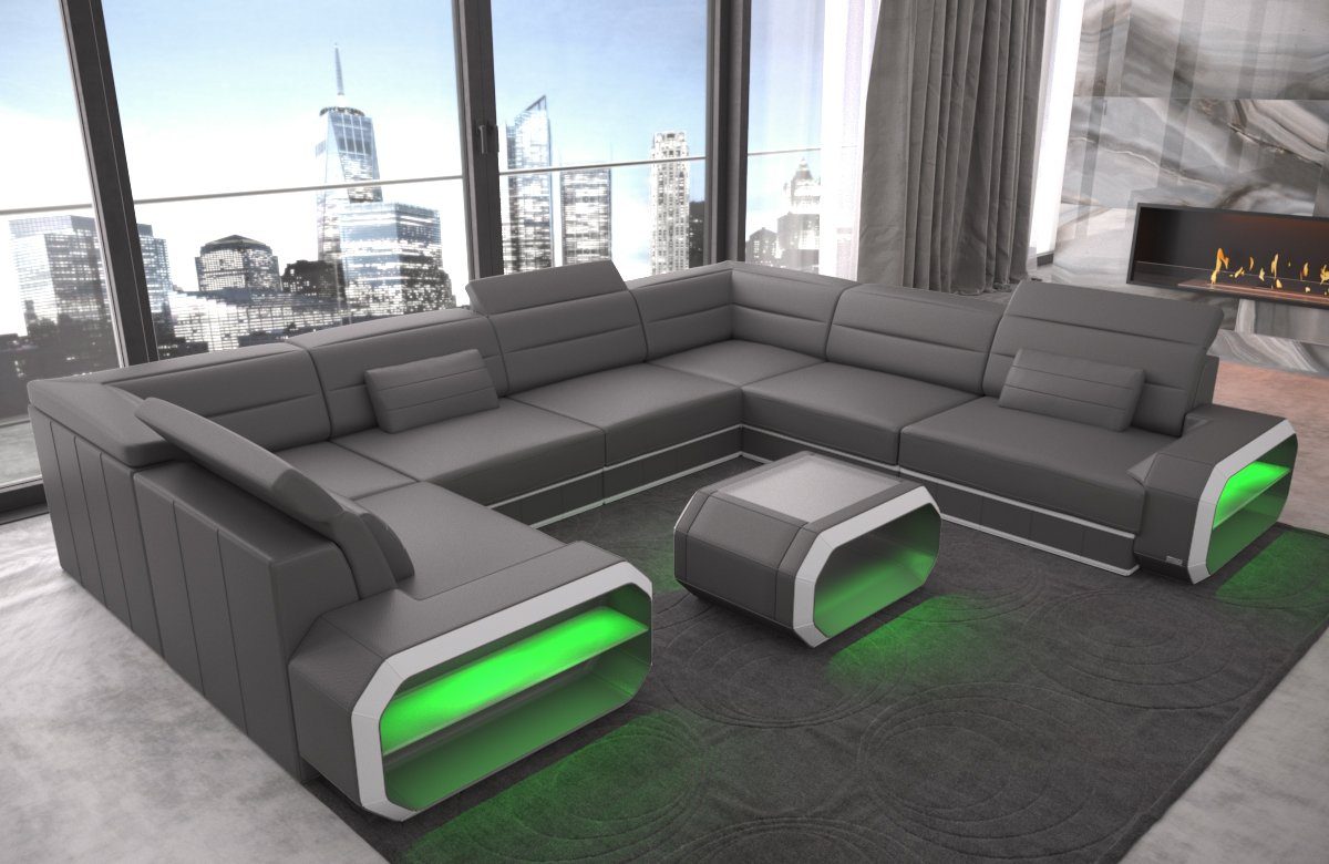 Sofa Dreams Wohnlandschaft Leder Sofa Verona U Form Ledercouch Ledersofa, Couch, mit LED, wahlweise mit Bettfunktion als Schlafsofa, Designersofa