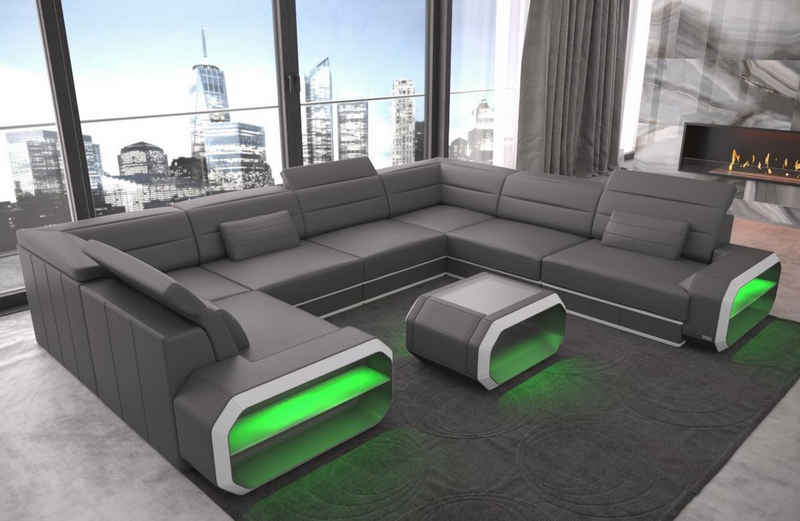 Sofa Dreams Wohnlandschaft Verona - U Form Ledersofa, Couch, mit LED, wahlweise mit Bettfunktion als Schlafsofa, Designersofa