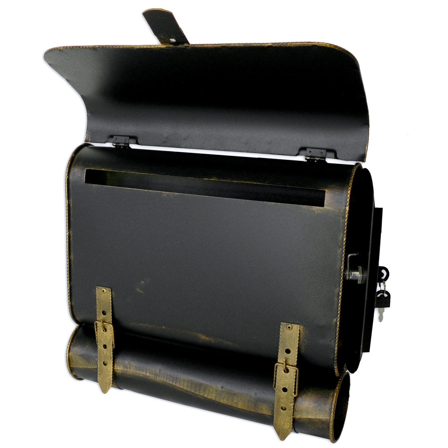 HMF Wandbriefkasten Briefkasten Antik UNIKAT Handarbeit, Schulranzen Design, mit Zeitungsrolle,36 x 41 x 8,5 cm, Gold