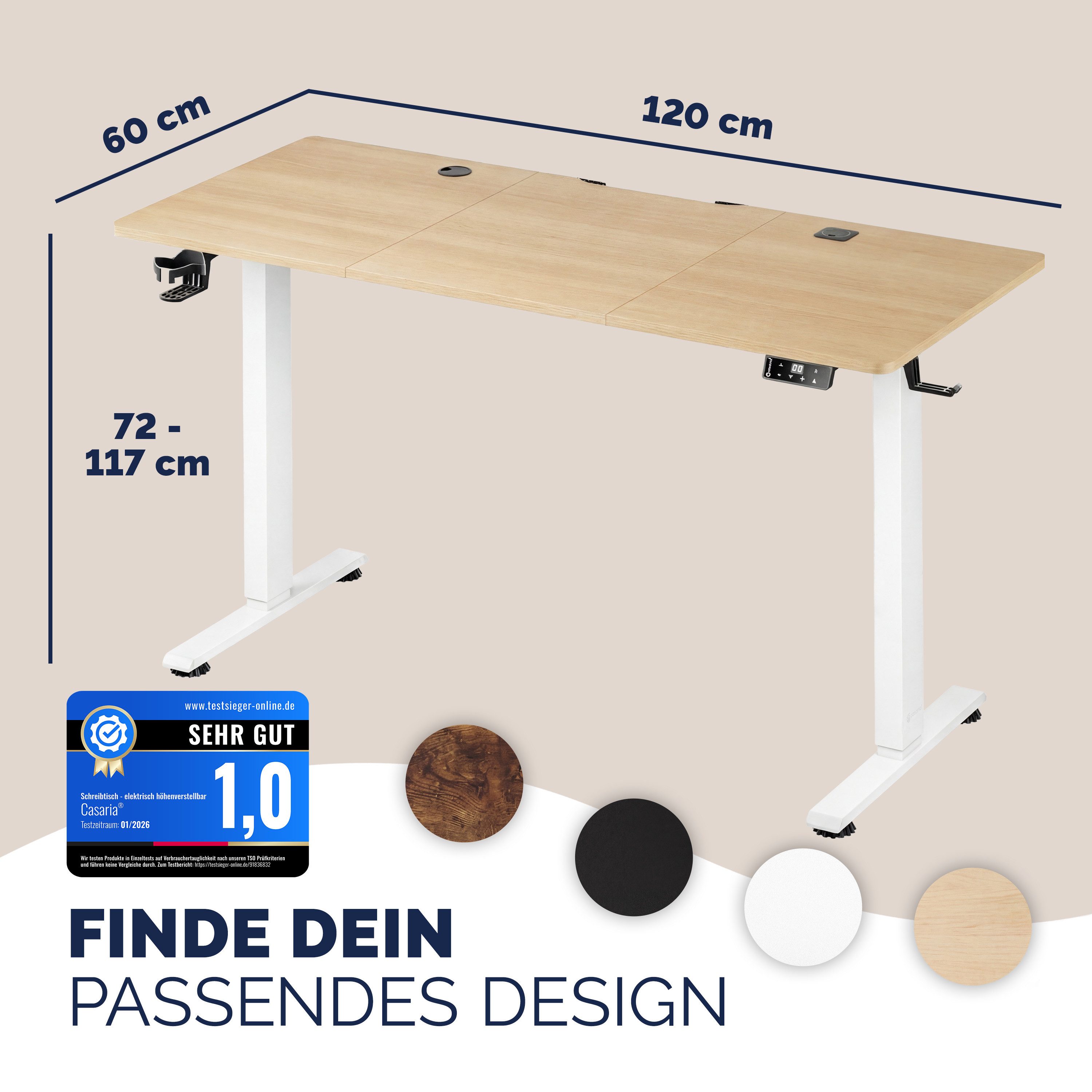 Casaria Schreibtisch Elektrisch höhenverstellbar Memory-Funktion Sitz-/Steherinnerung, Höhenverstellbar elektrisch mit Wireless Charger 120 / 140 / 160 cm