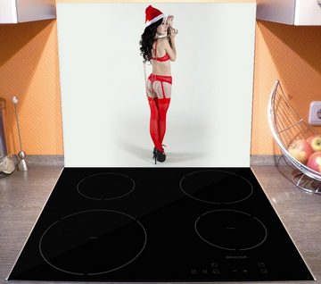 Wallario Herd-Abdeckplatte Sexy Frau in roten Dessous mit Weihnachtsmütze, ESG-Sicherheitsglas, (Glasplatte, 1 tlg., inkl. 5mm Noppen), verschiedene Größen