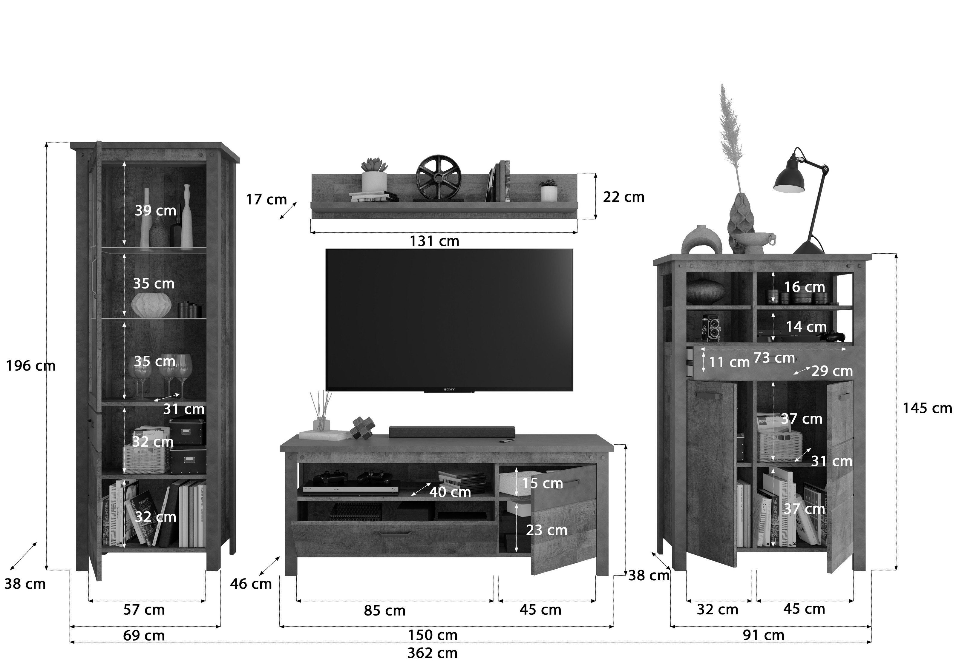 in Absetzungen Oliver, matera 362x196x46 tabak Wohnwand in eiche cm), (BxHxT: mit möbelando