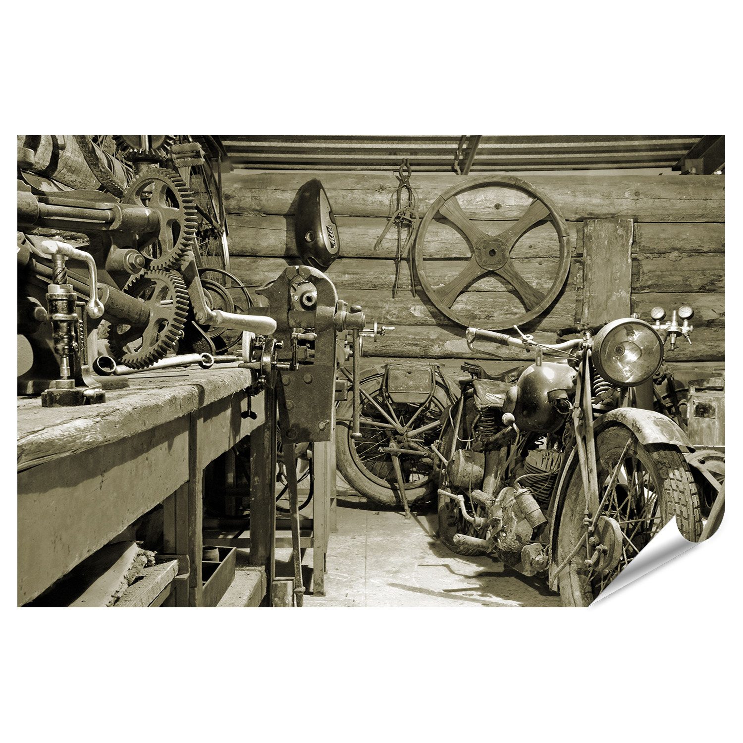 islandburner Poster Alte Werkstatt mit Motorrad und Werkzeugen