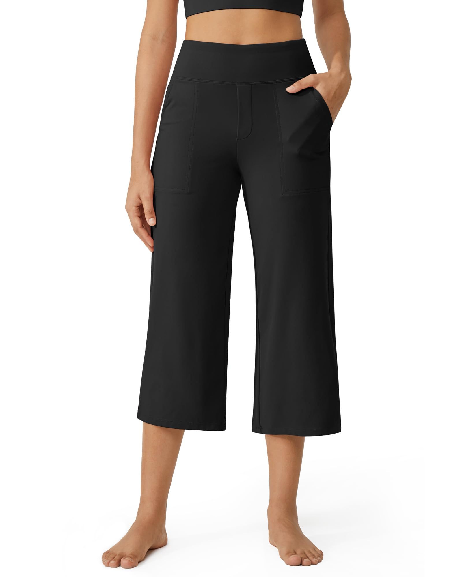 G4Free Caprihose Damen hohe Taille Wide Leg Sommerhose kurze Hose, Capri-Leggings mit Taschen
