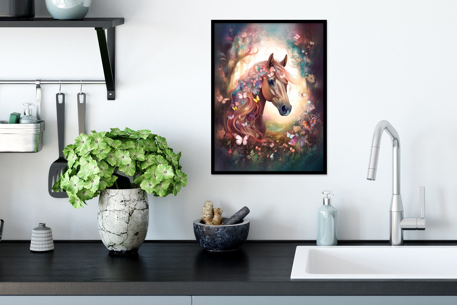 St), Poster - mit Gerahmtes Pferd - Bilderrahmen Kunstdruck, Natur - Wald, MuchoWow Schmetterlinge - Blumen (1 Rahmen, Schwarzem Poster,