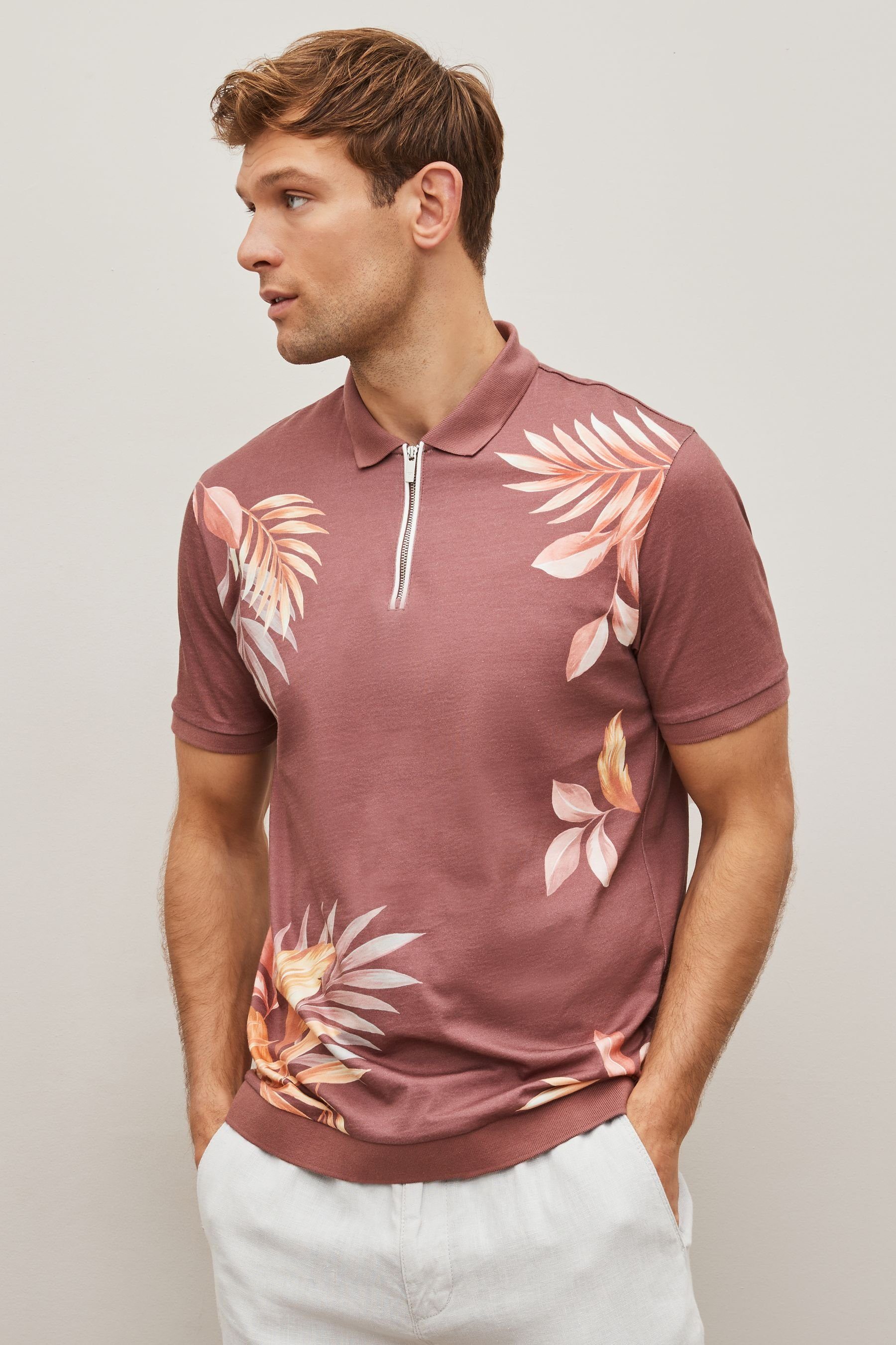 Next Poloshirt Polo-Shirt mit Geoprint (1-tlg) Pink Floral | Poloshirts