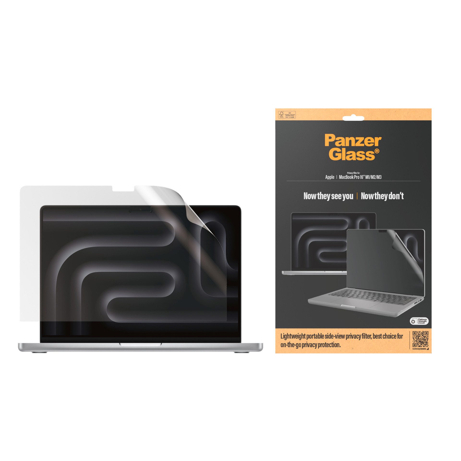 CARE by PanzerGlass Displayschutzfolie Privacy Filter Screen Protector für Apple MacBook Pro 16 (M1, M2, M3), Displayschutzglas, Schutzfolie, Bildschirmschutz, kratz- & stoßfest
