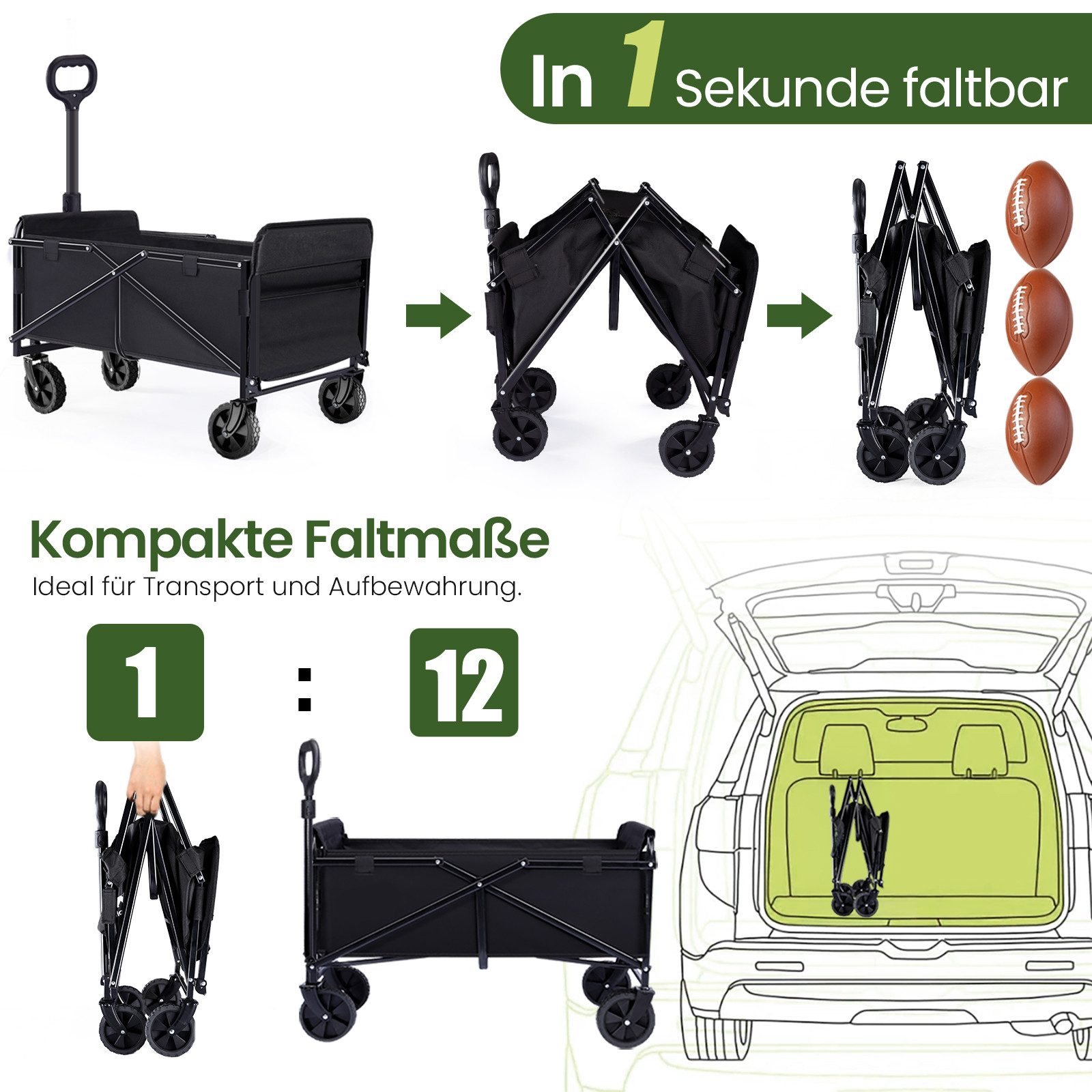 gowoll Handwagen Bollerwagen Faltbar Transportwagen klappbar Einkaufstrolley, (Strandwagen Für Einkaufen, Camping, Garten, Dogs), Erweiterbare Kapazität mit zwei Aufbewahrungstaschen, bis 320KG, 400L