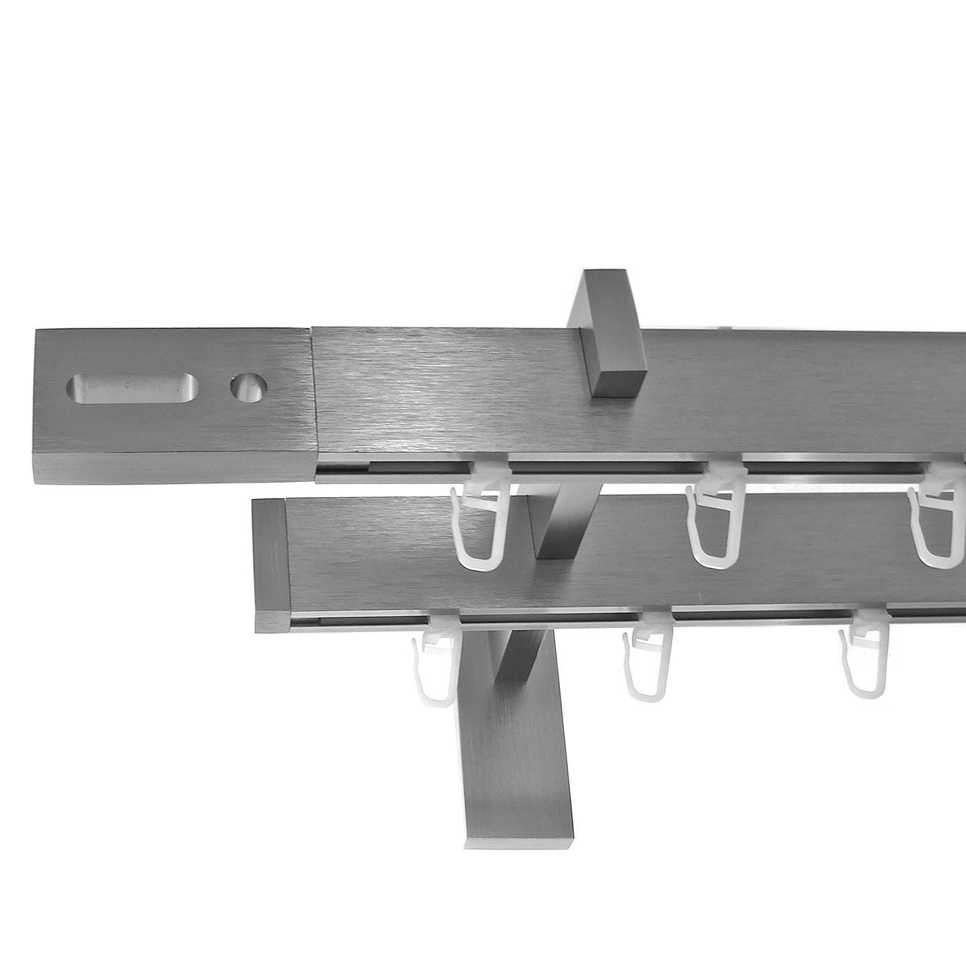 BASIT Gardinenstange eckig Innenlauf Edelstahloptik 30x14 mm mit Wandträgern 240 cm E92, Ø 30 mm, 2-läufig, verschraubt, Aluminium, H96 240 cm E92 Streifen mit Loch