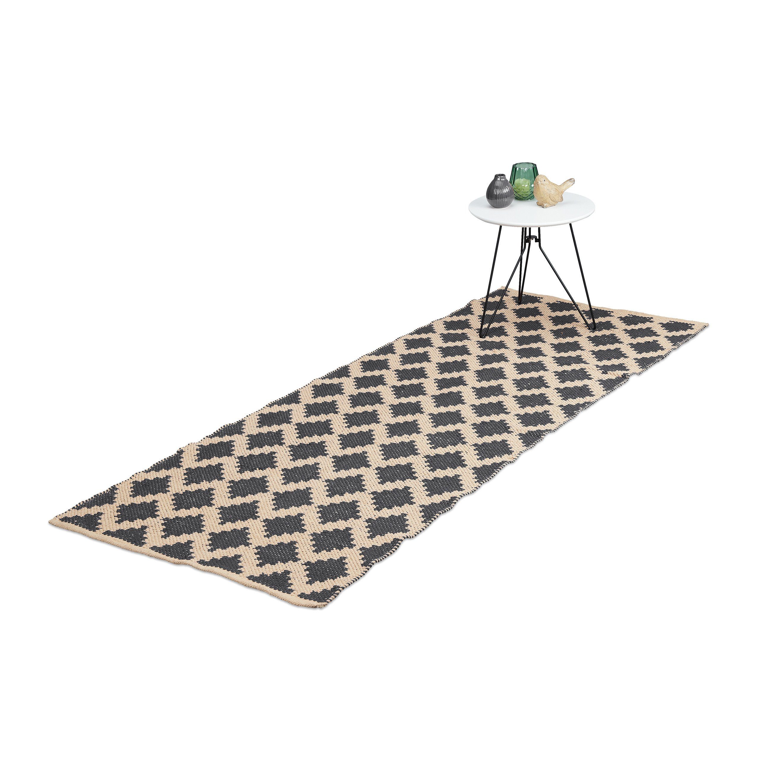 Teppich Teppich Baumwolle 80 x 200 cm, relaxdays, Höhe: 6 mm, Grau Beige Grau | Kurzflor-Teppiche