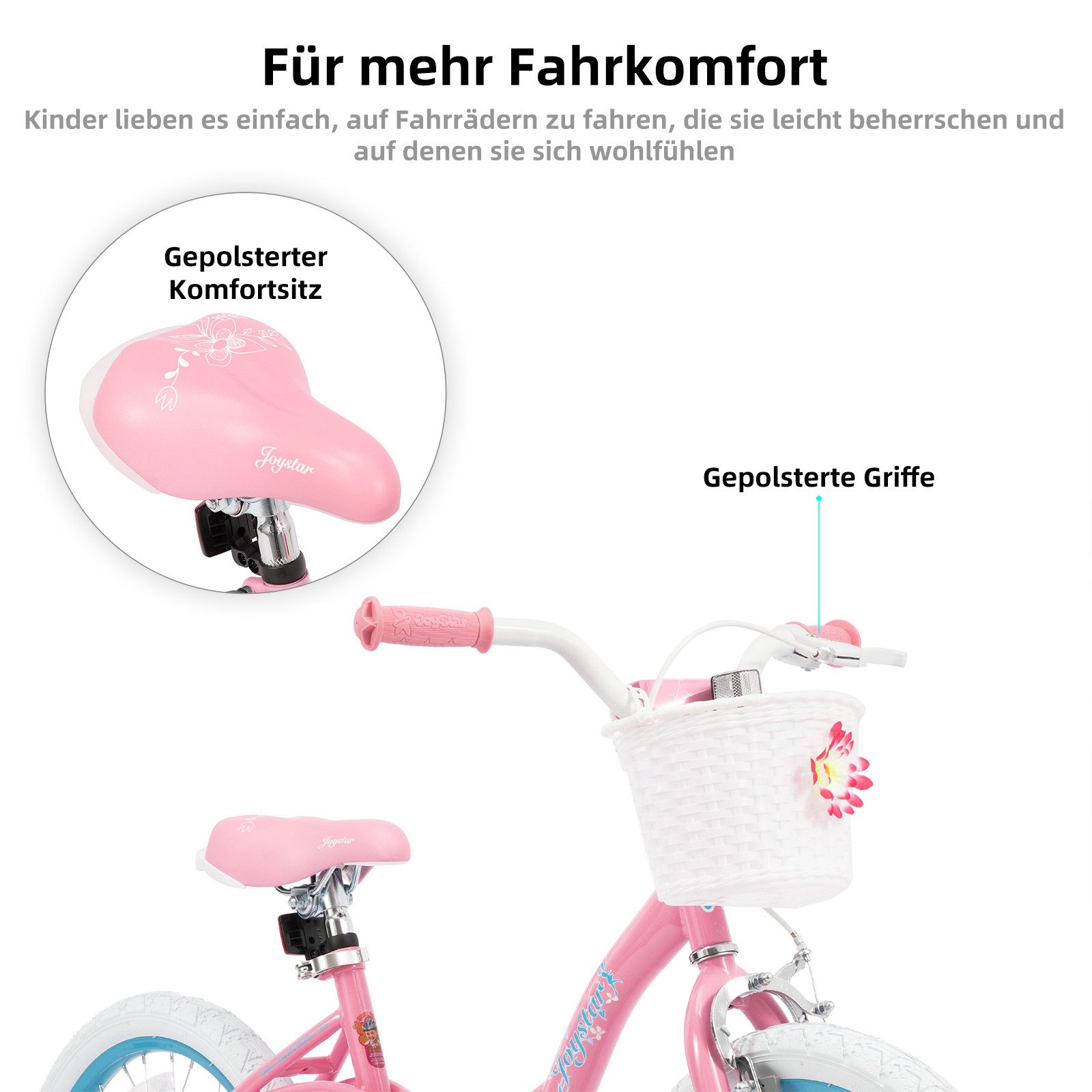 JOYSTAR Kinderfahrrad Mädchen‑Kinderfahrrad Stützrädern & Bremse für Spiel & Freizeit 2‑9 J., mit Stützräder, Handbremse und Korb, Geschenke für Prinzessinnen – Bild 5 von 5