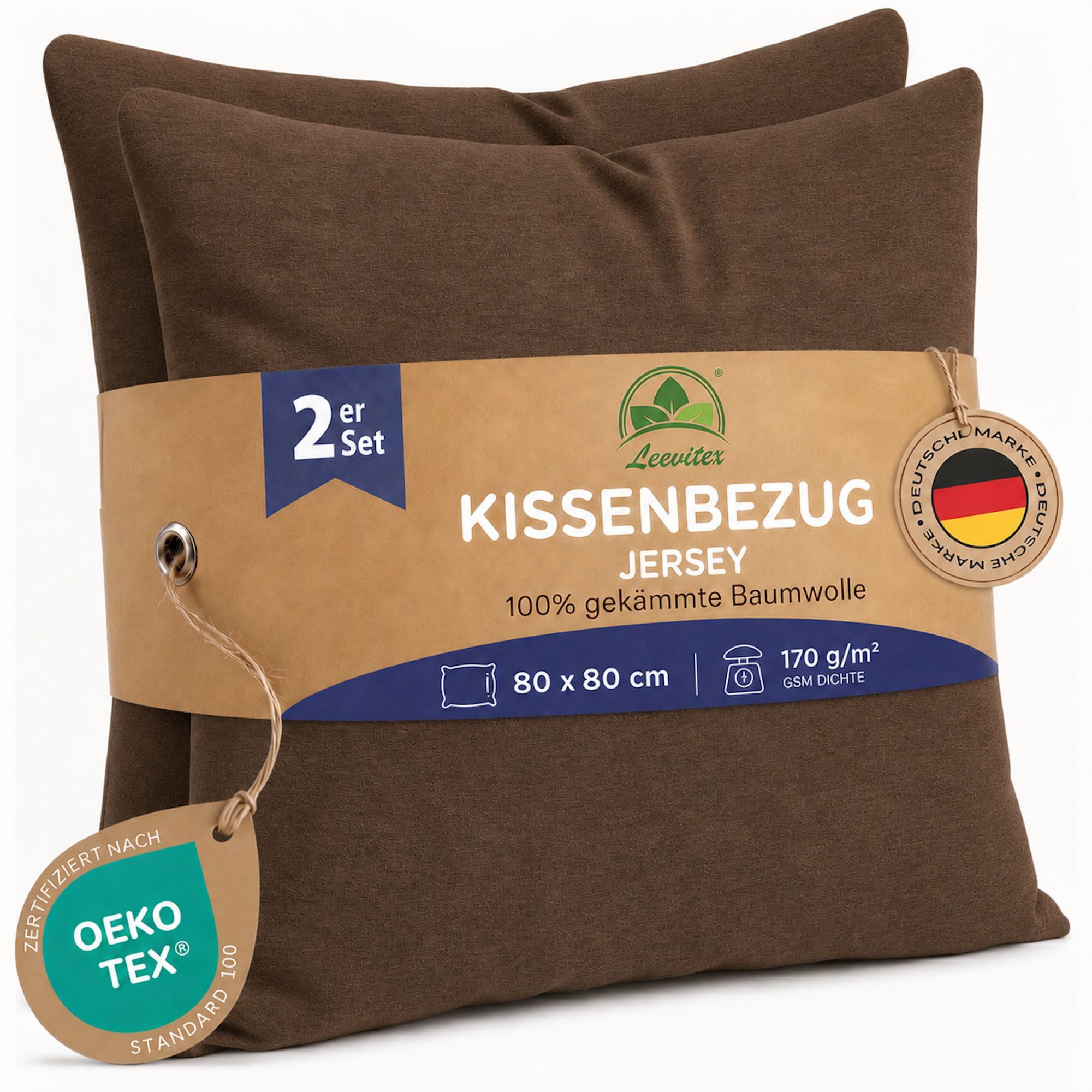 leevitex® Kissenbezüge Kissenbezug 80 x 80 cm, 2er Set, Schokobraun/Dunkelbraun, (2 Stück), feine Jersey-Qualität, 100% Baumwolle, robuster Reißverschluss