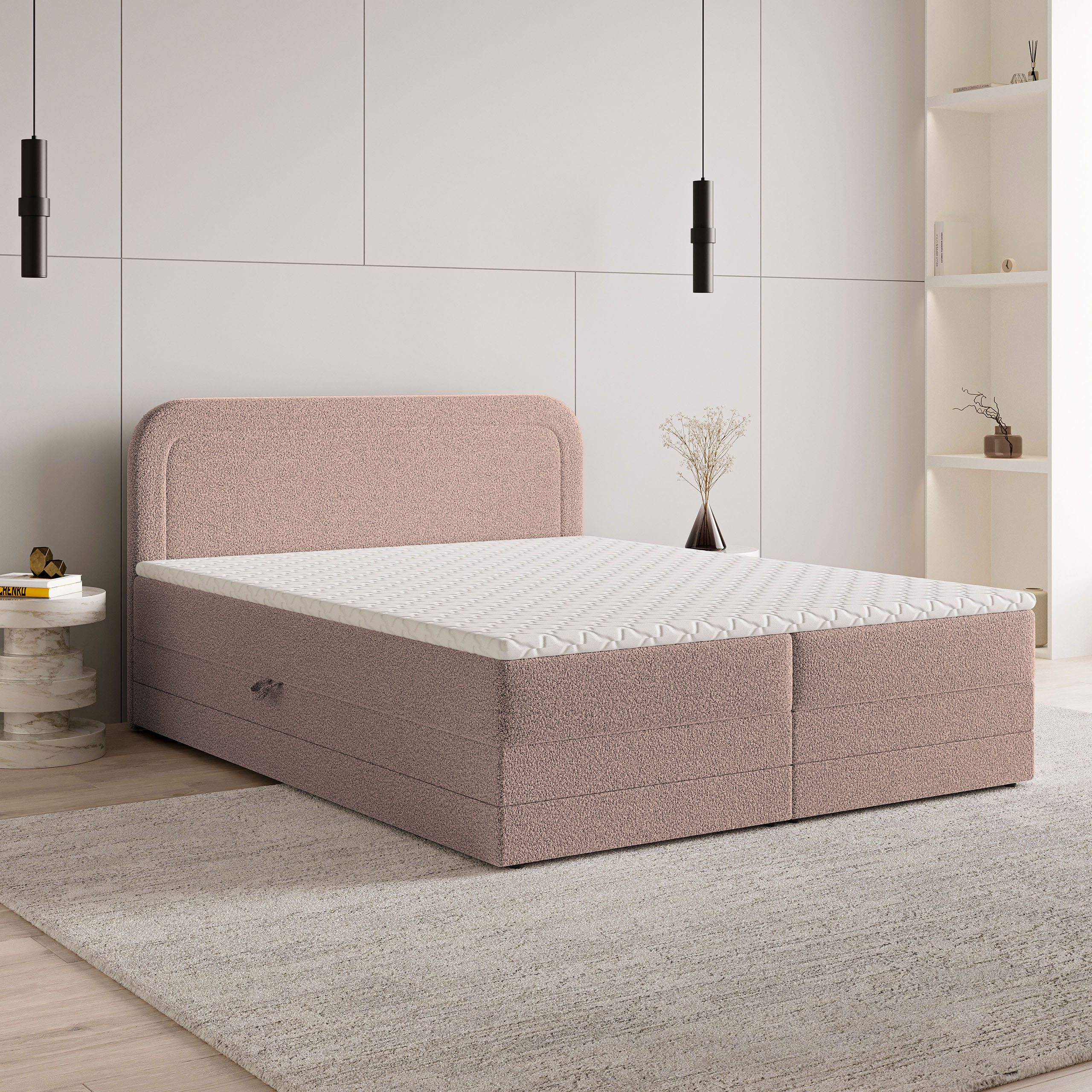 Masseno Boxbett ARMEL 180x200 cm mit Bonell Matratze und Topper, Doppelbett, Polsterbett mit Kopfteil, Boxspringbett