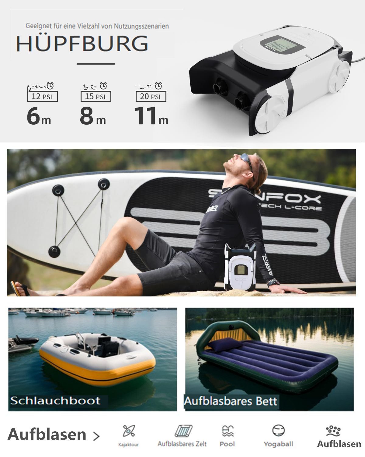 AUDEW SUP-Pumpe 22PSI Tragbare Elektrische Luftpumpe DC12V Elektropumpe, mit 6 Düsen, Für Paddleboard, SUP-Board, Luftmatratzenm