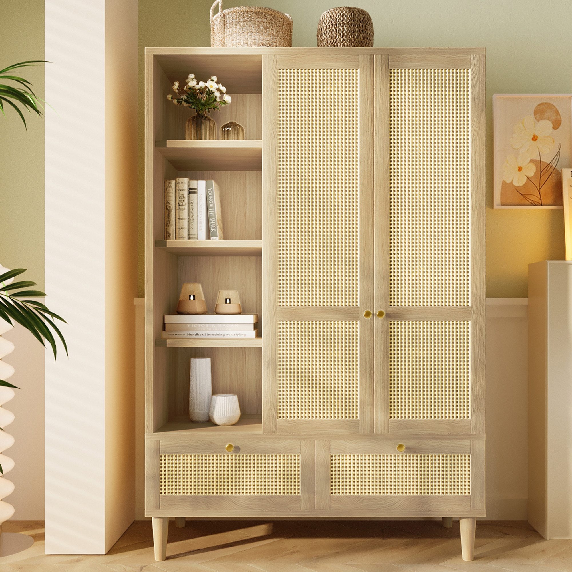 HAUSS SPOLE Kleiderschrank Landhausstil mit Regalfächer&Kleiderstange,Garderobenschrank Eiche (Packung, 1-St., mit Kleiderstange, Eicheoptik, Kippsicherung) mit 2 Türen und 4 offenen Fächern
