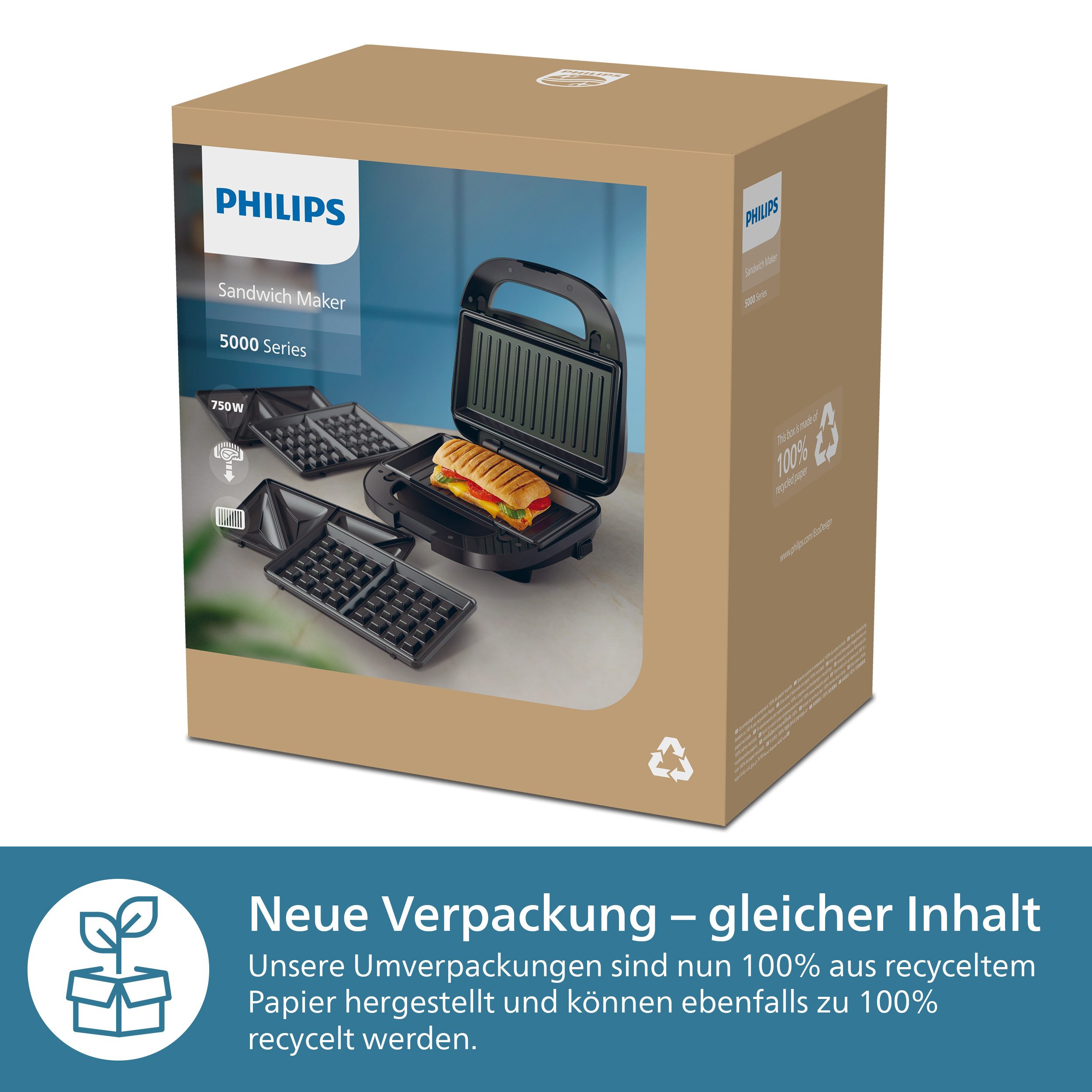 Philips Sandwichmaker 5000 Series HD2350/80, mit 3 austauschbaren Plattensätzen, 750 W, gleichmäßiges Aufheizen, kompakte Aufbewahrung; Schwarz / Silber