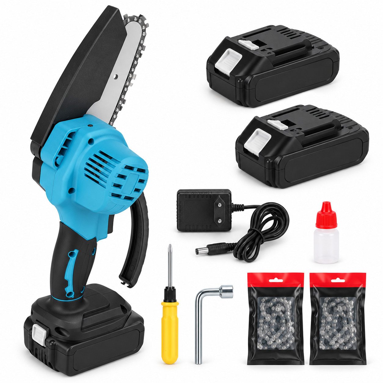 Diyarts Akku-Kettensäge, 10 cm Schwertlänge, Mini Kettensäge, Hohe Schnittgeschwindigkeit & ergonomisches Design, 2000 mAh Akku, bis zu 60 Min. Laufzeit, 30 Treibglieder.