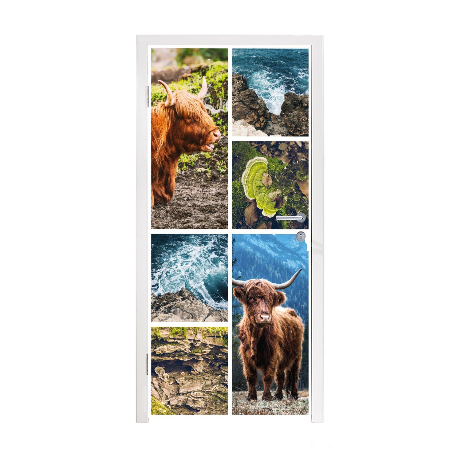 MuchoWow Türtapete Schottische Highlander - Natur - Collage, Matt, bedruckt, (1 St), Fototapete für Tür, Türaufkleber, 75x205 cm
