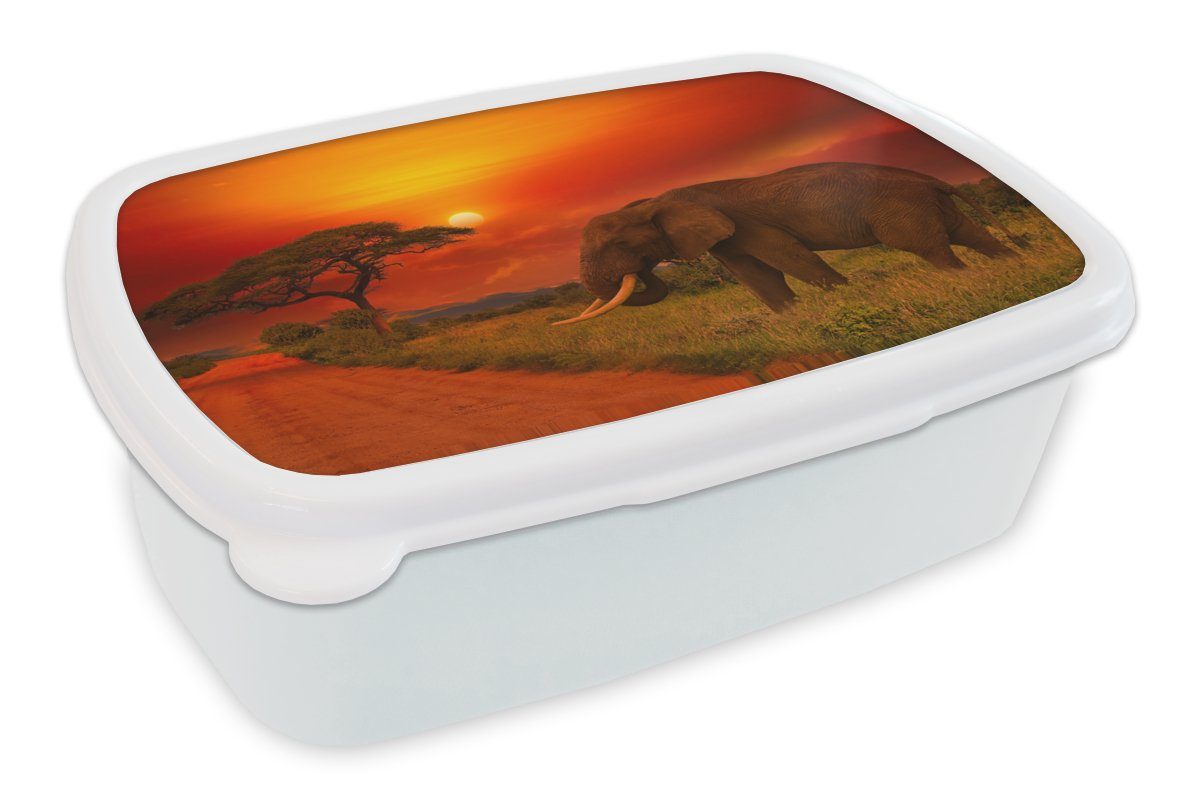 MuchoWow Lunchbox Elefant - Sonnenuntergang - Orange - Savanne - Tiere, Kunststoff, (2-tlg), Brotbox für Kinder und Erwachsene, Brotdose, für Jungs und Mädchen weiß