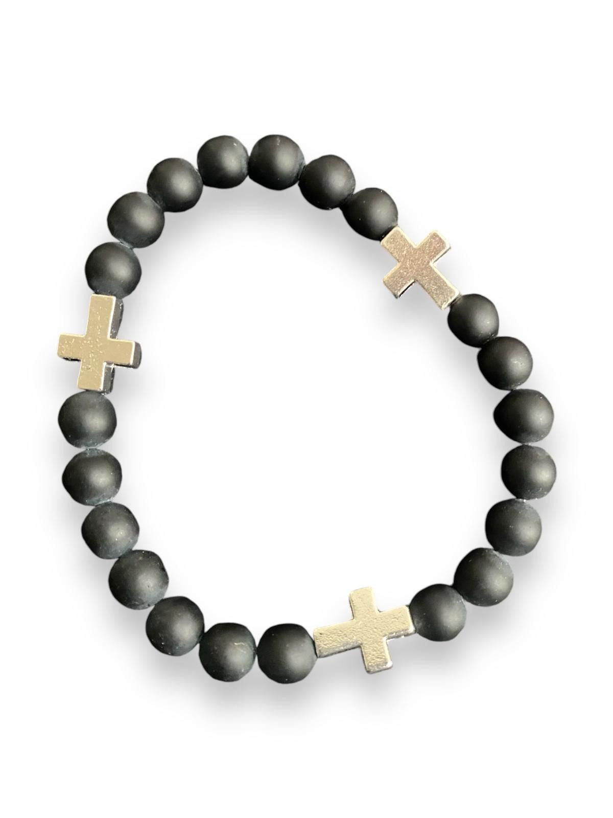 Perlenarmband Edelstein Obsidian Armband mit 3 Silber Kreuzen