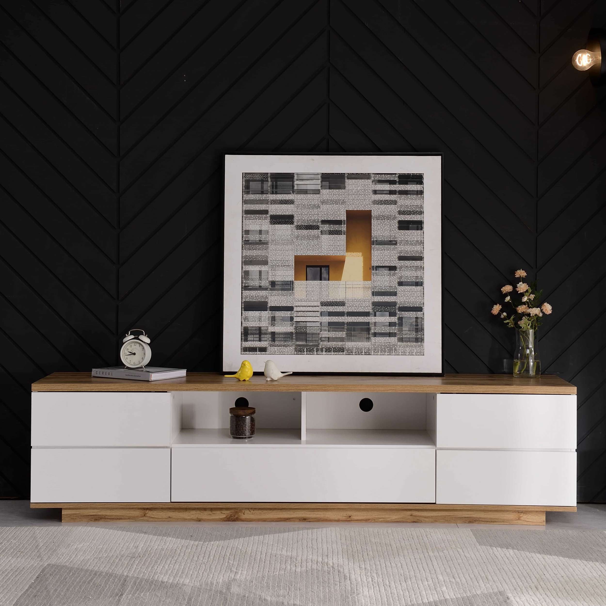 BBWL TV-Brücke Moderner TV-Schrank 180 cm in Weiß & Holzoptik, mit Gitterfronten (5 Türen & 2 offenen Fächern, MDF, Kabeldurchlass & Stauraum für Media-Geräte, belastbar bis 50 kg)