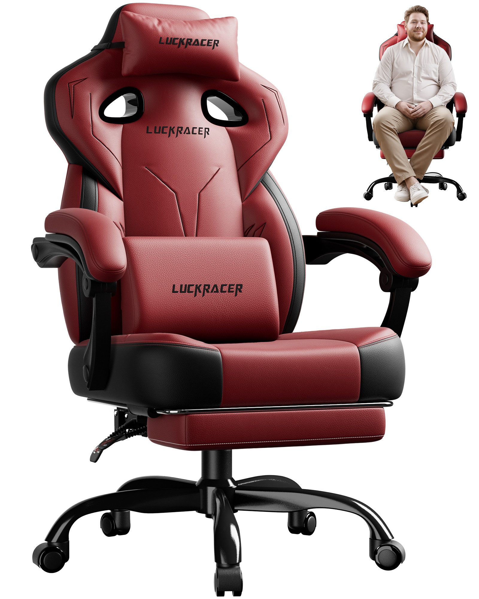 LUCKRACER Gaming-Stuhl Stoff/Kunstleder, Bürostuhl mit verbundenen Armlehnen, Memory-Schaum, 90–155° Neigungswinkel und Fußstütze